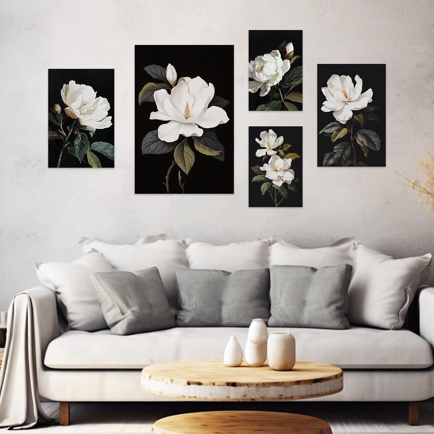 White Magnolia Floral Canvas Art with Solid Wood Frame