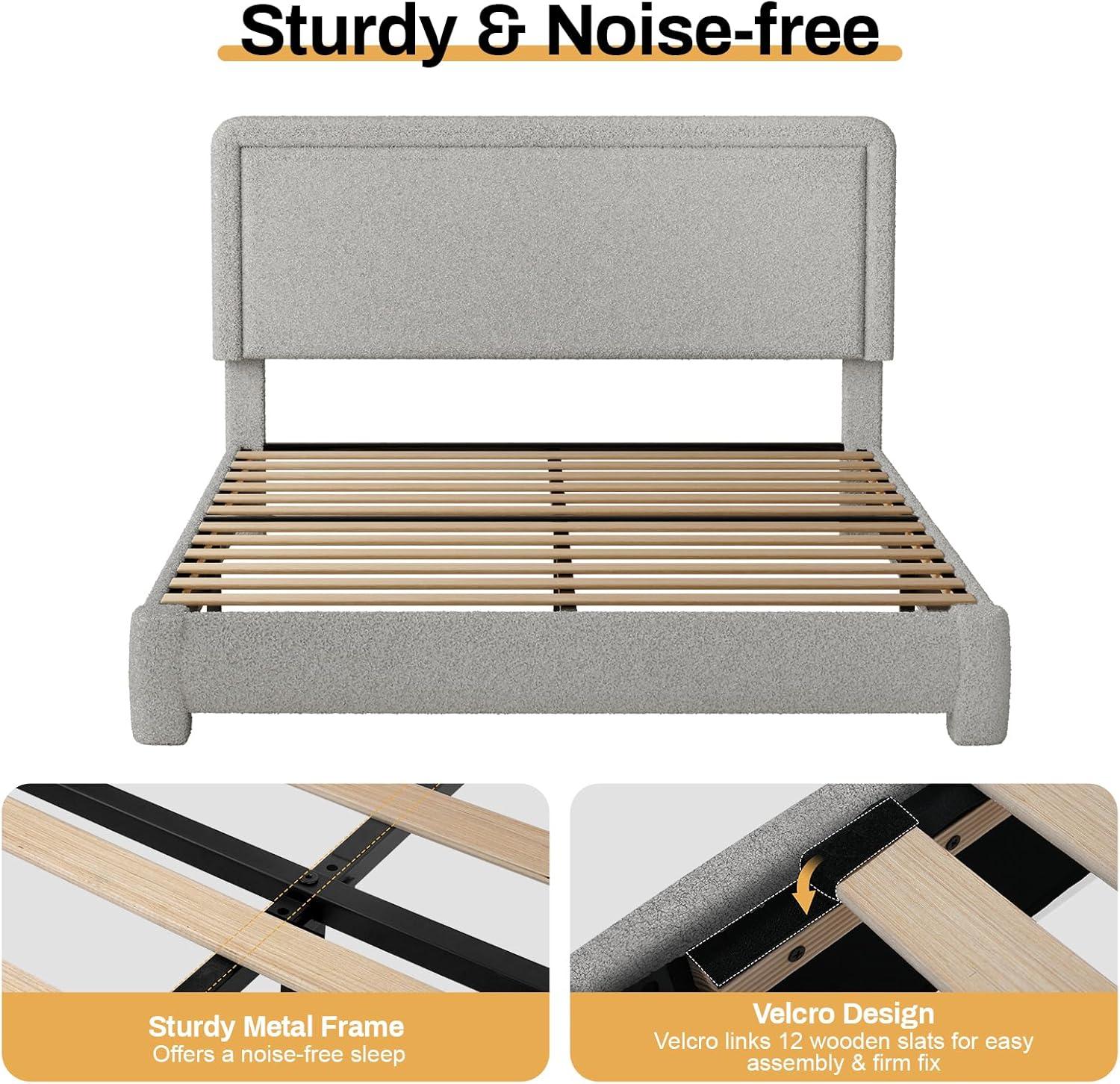 Queen Size Boucle Bed Frame, Upholstered Cloud Bed Frame with Adjustable Headboard, Soft Rounded Corners, No Box Spring Required, Easy Assembly, Black