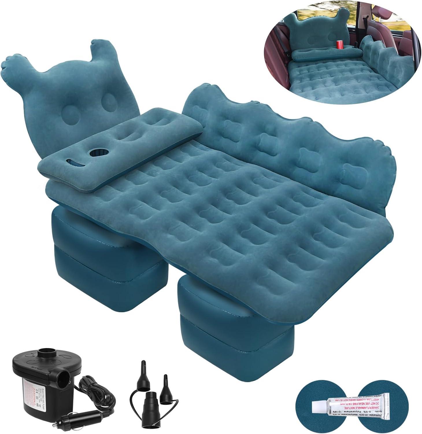 Blue Inflatable Car Bed with Electric Pump and Pillows