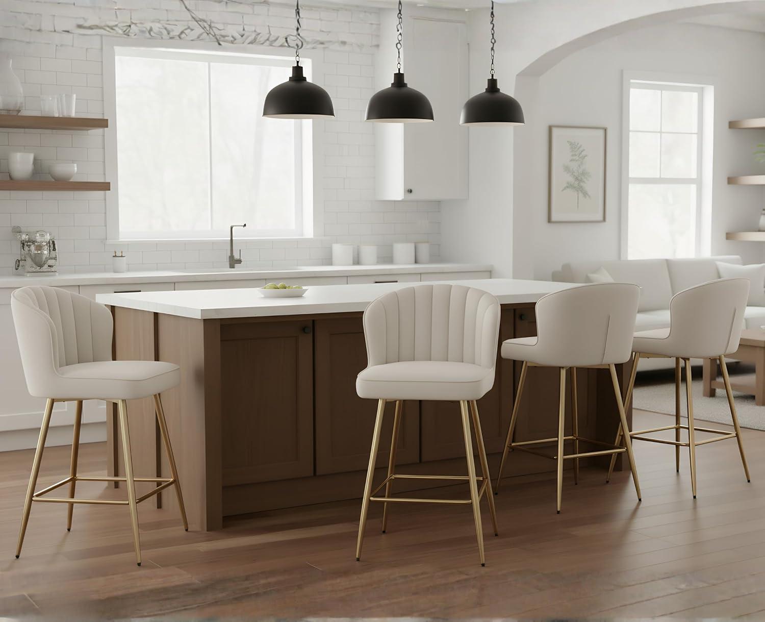 Counter Height Stools Set of 2, Velvet Bar Stools with 27 Inches Upholstered Seat Height, Handmade Woven Back Armrest, Sturdy Golden Metal Legs for Home Dining Pub Kitchen Island, Beige