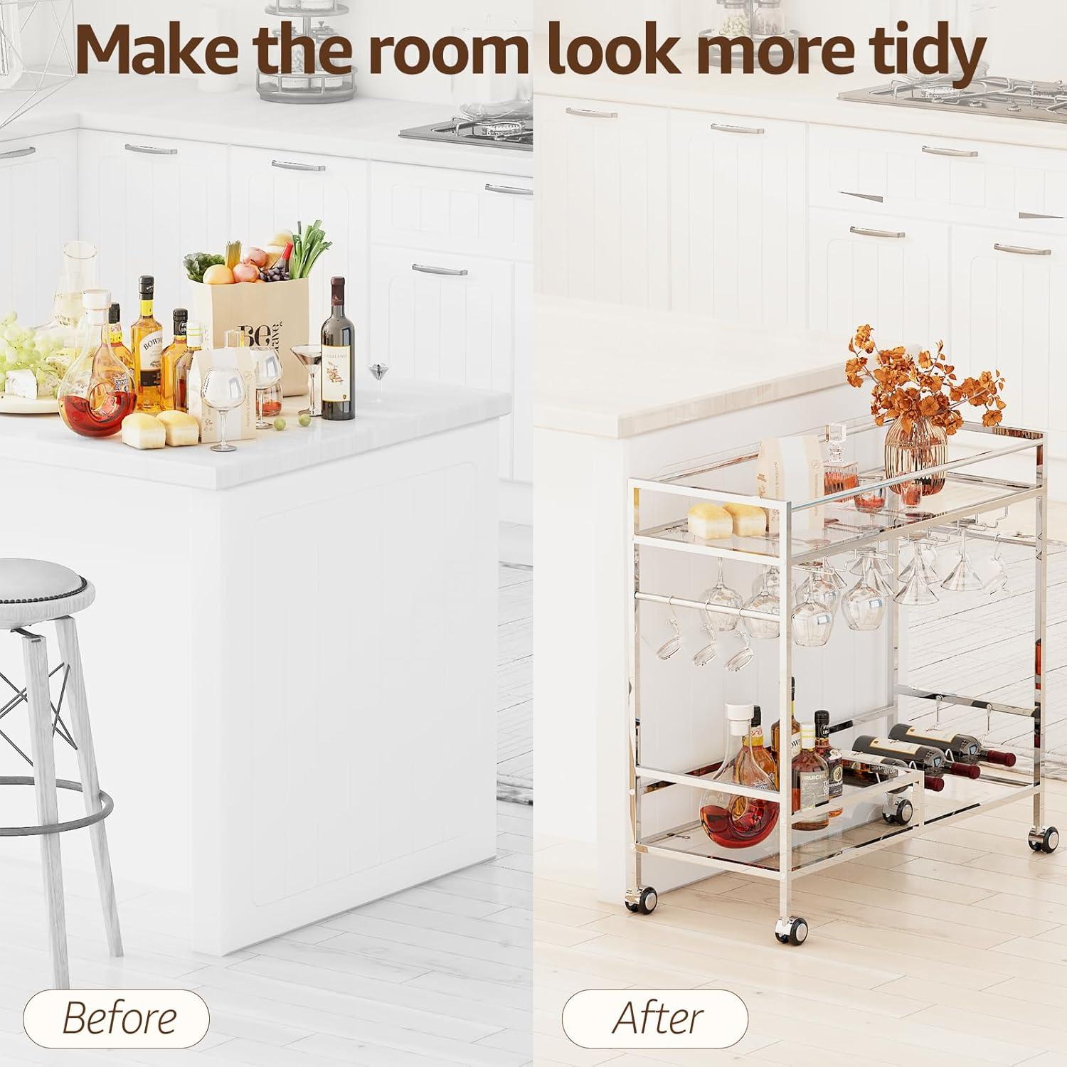 Bar Cart, Bar Serving Cart with Wheels, 2 Tier Bar Carts for The Home Kitchen Dining Room with Wine Rack and Glass Holder (Gold)