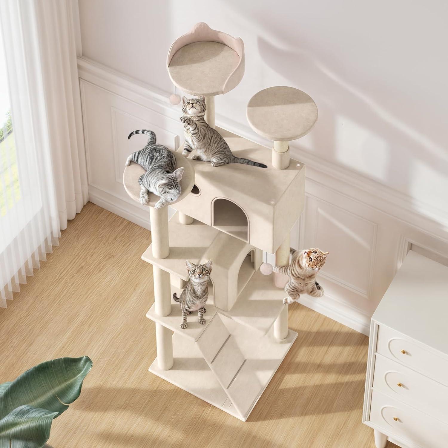 MoNiBloom Cat Tree Houses for Indoors, Multi-Level Cat Tree Tower, 70" Height（Beige）