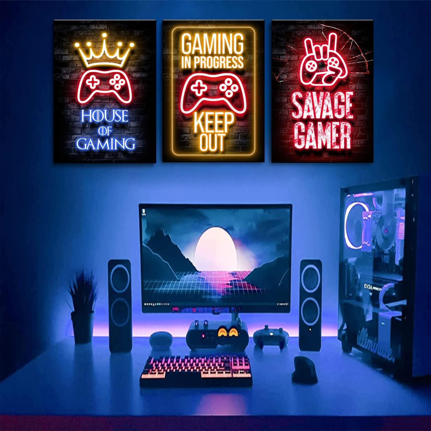 3 Pcs Framed Neon Gamer Symbol Canvas Wall Art Paintings Gaming Wall Decor Prints Pictures Posters Artwork for Kids Teenage Boys Game Room Playroom Bedroom Decoration Ready to hang Gifts for Gamers