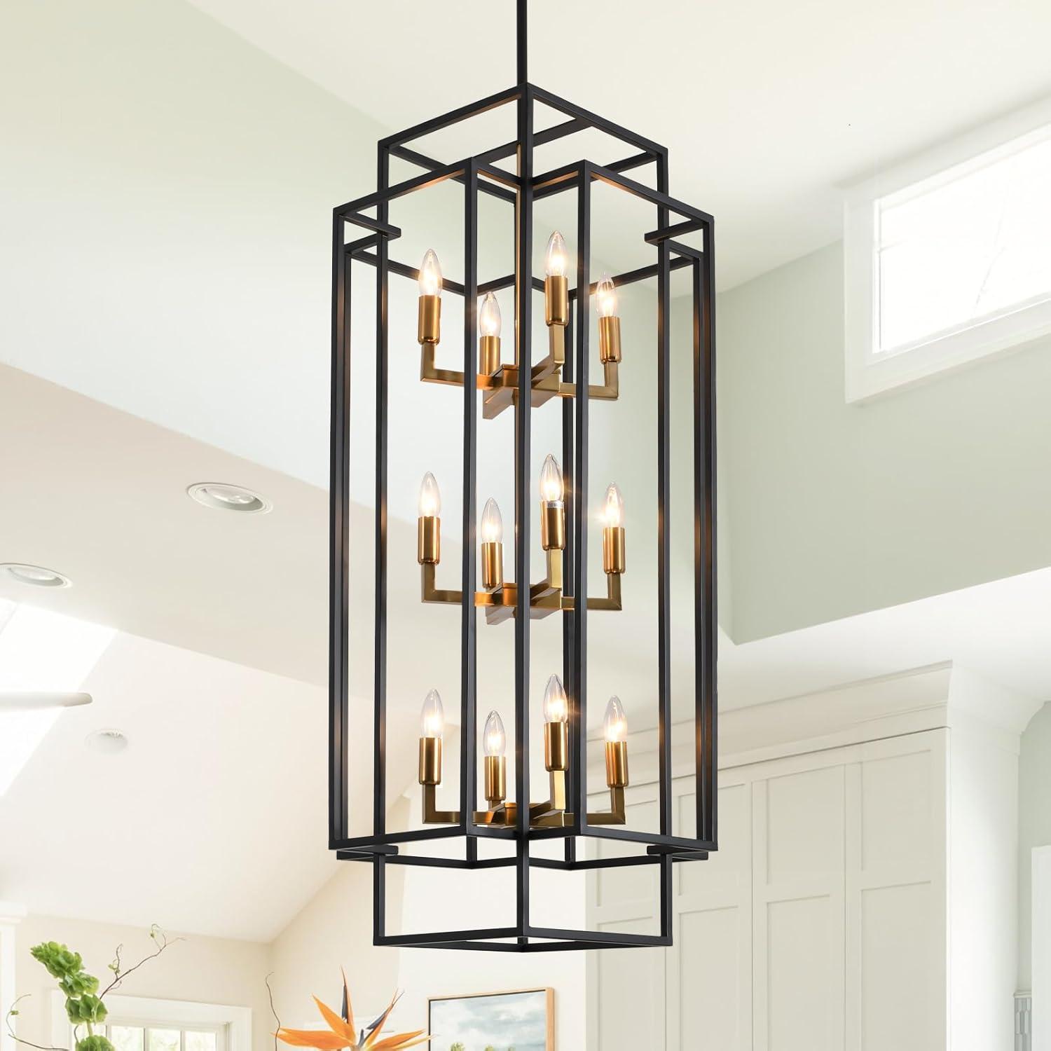 Black and Gold Metal 12-Light Lantern Chandelier