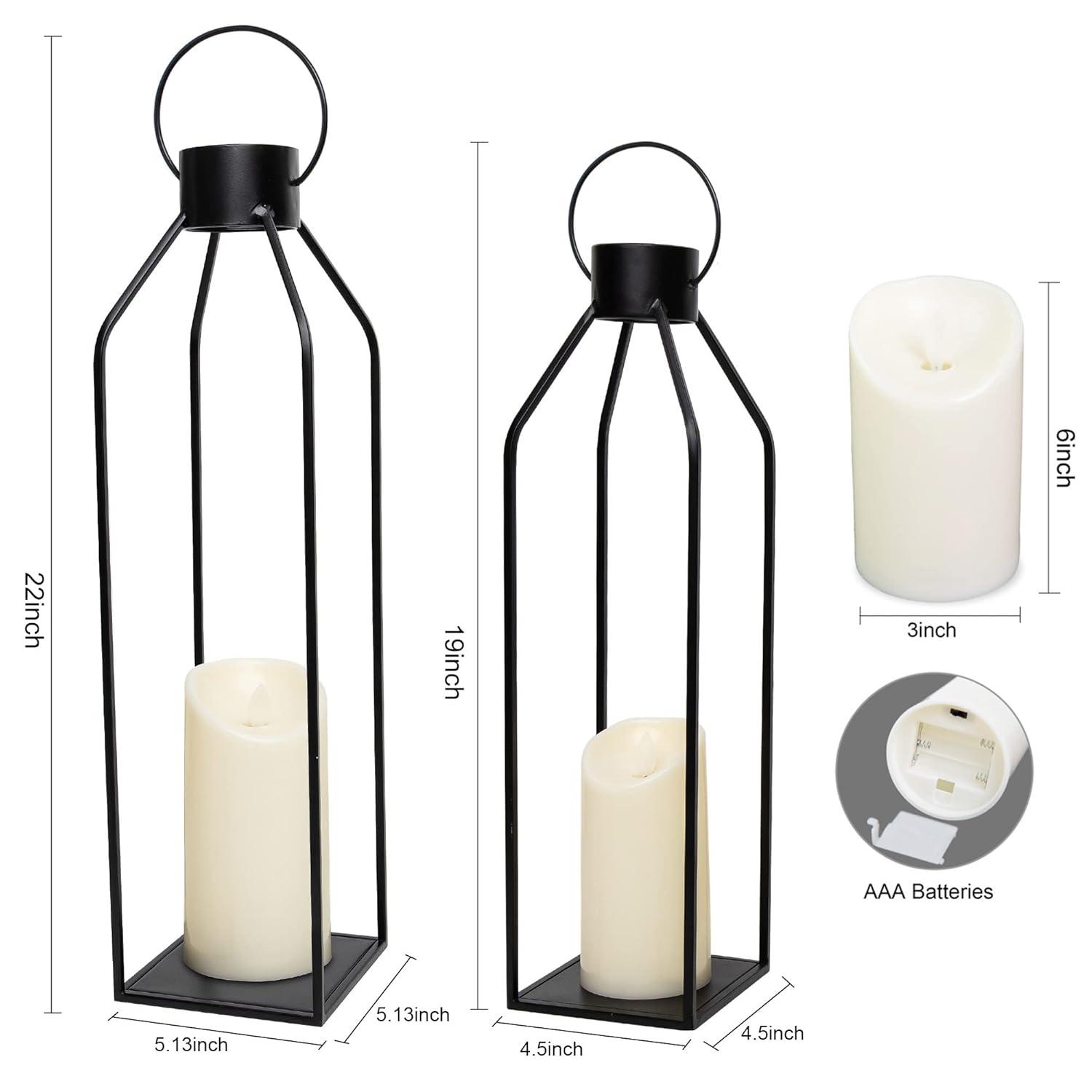 HPC Decor 22'' 19'' Lanterns Decorative w/ Flickering Timer Candles- Large Tall Black Metal Candle Lanterns Set of 2- Modern Farmhouse Decor for Indoor,Outdoor,Tabletop,Porch (No Glass)