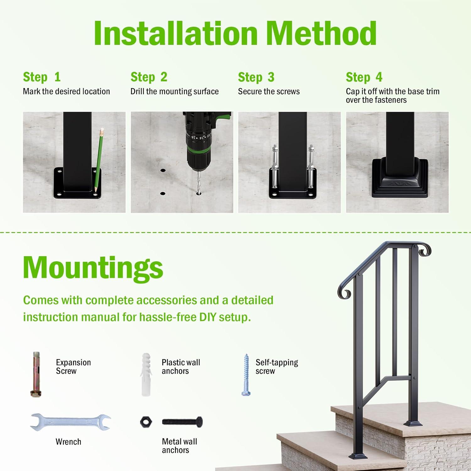 2 Pack 5 Step Handrails for Outdoor Steps, Wrought Iron Stair Railing Fits 4 or 5 Steps, Metal Hand Rail with Installation Kit, Staircase Handrails for Concrete, Porch, Deck, Exterior Steps, Black