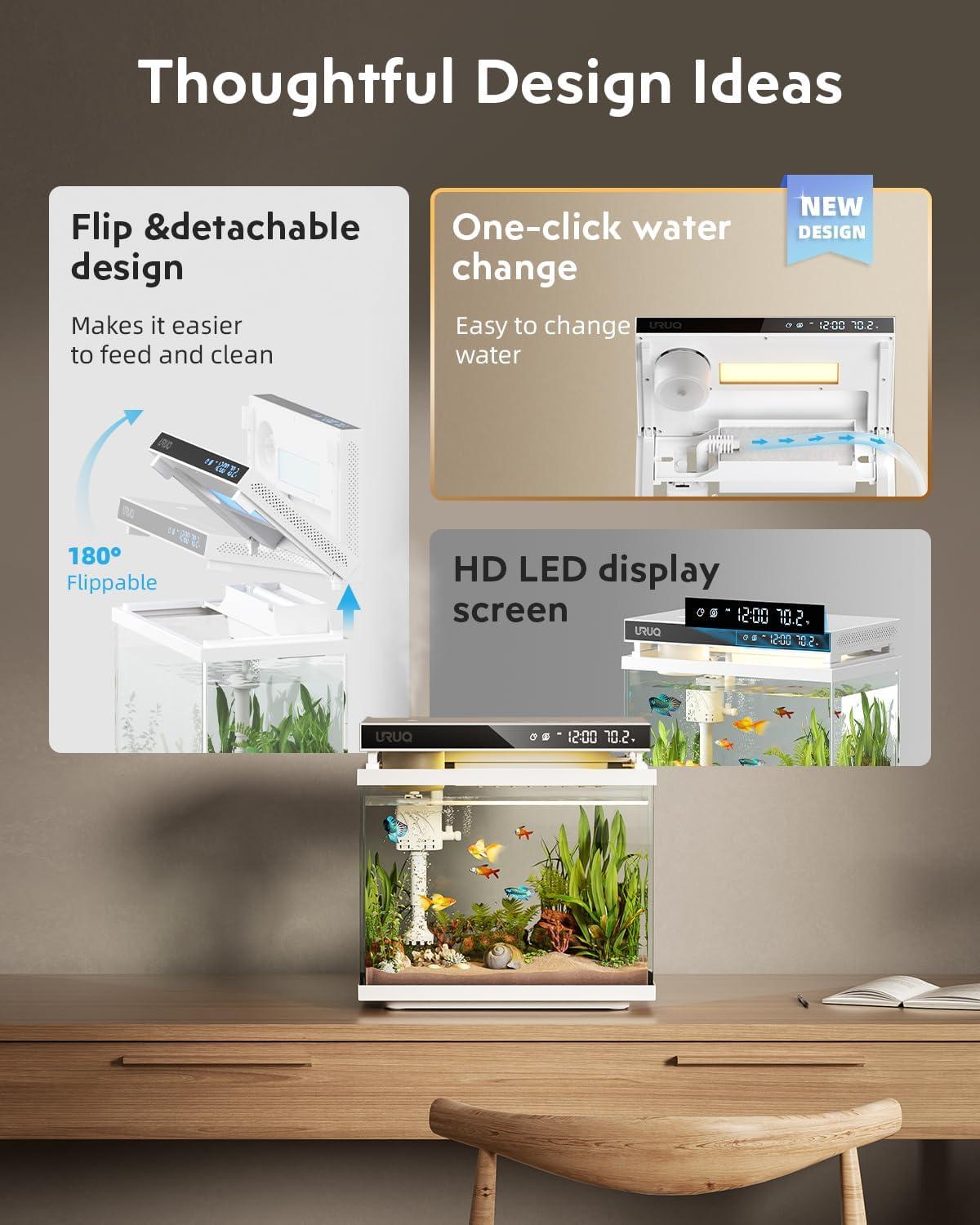 Latitude Run® Fish Tank Smart Aquarium Kit: 2 Gallon UHD Glass Silent Water Pump Self Cleaning Multi Layer Filtration System - Temperature Sensing 7-Color Lighting For Small Fish Betta Kids Room Desktop Decor