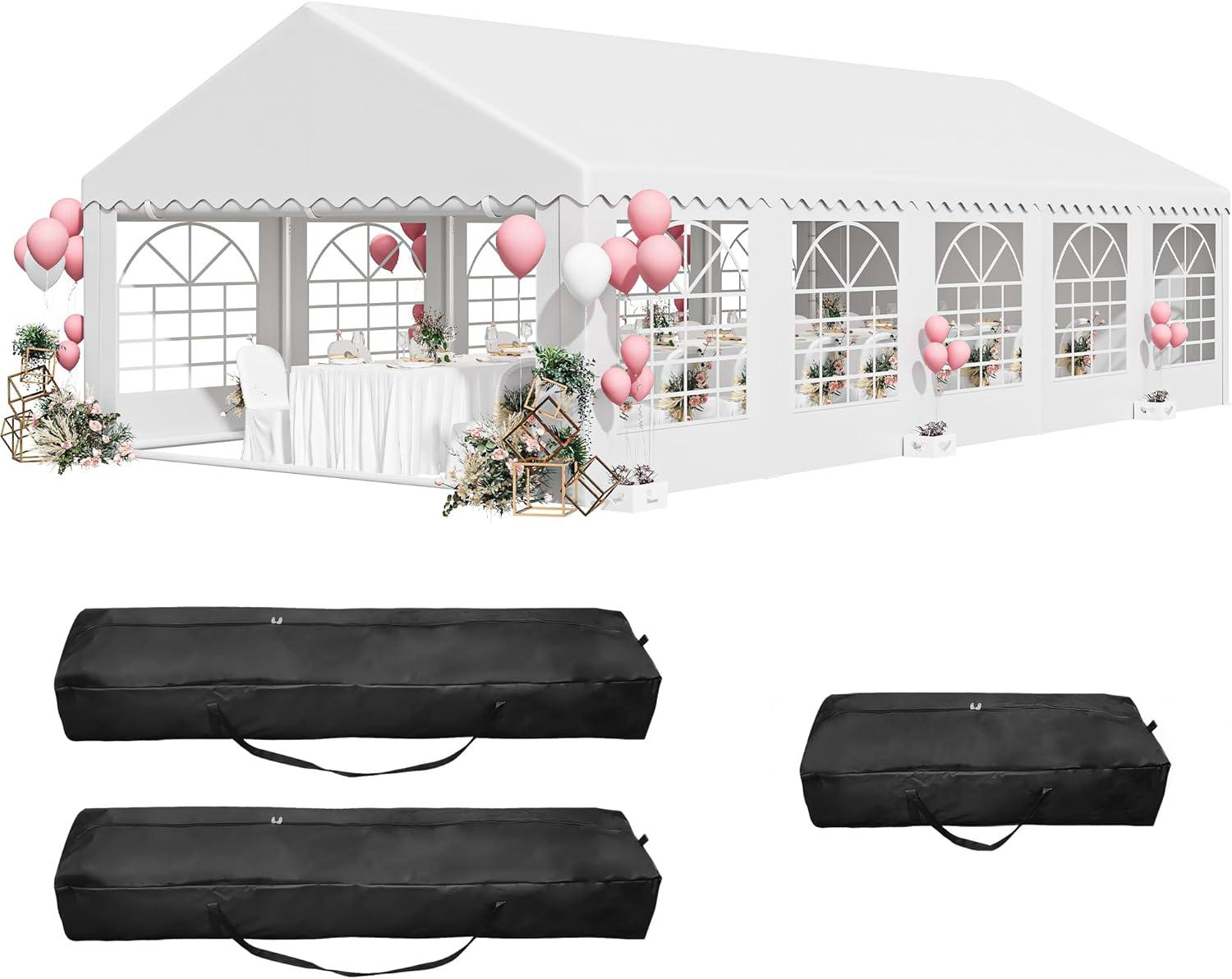 Dextrus 16x32FT Party Tent Heavy Duty PVC Wedding Event Shelters White Upgraded Galvanized Ripple Canopy with Large Roof Removable Sidewalls & 3 Storage Bags 600D Oxford Commercial