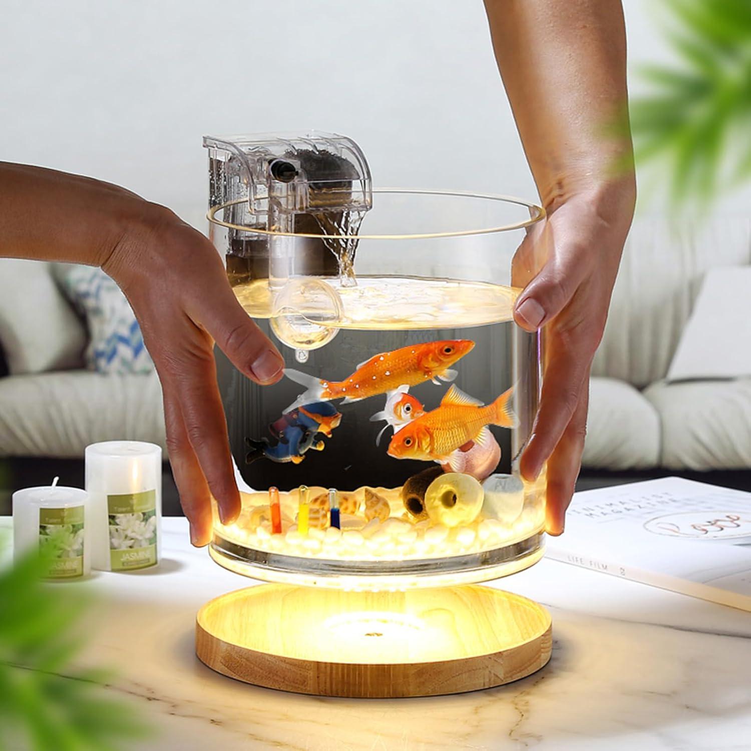 Aquarium Starter Kits 0.81-Gallon Fish Tank(6 inches) for Beginner Cylindrical Betta Fish Bowl with Wooden Base LED Light Water Pump Accessories Self-Cleaning Filter Copyright Patent