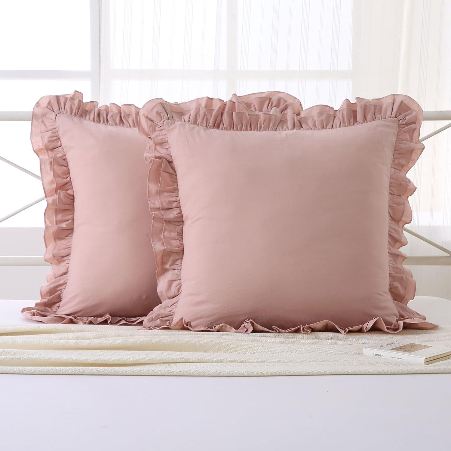 Pink French Linen Euro Shams with Ruffles, 26'' x 26'' - Set of 2