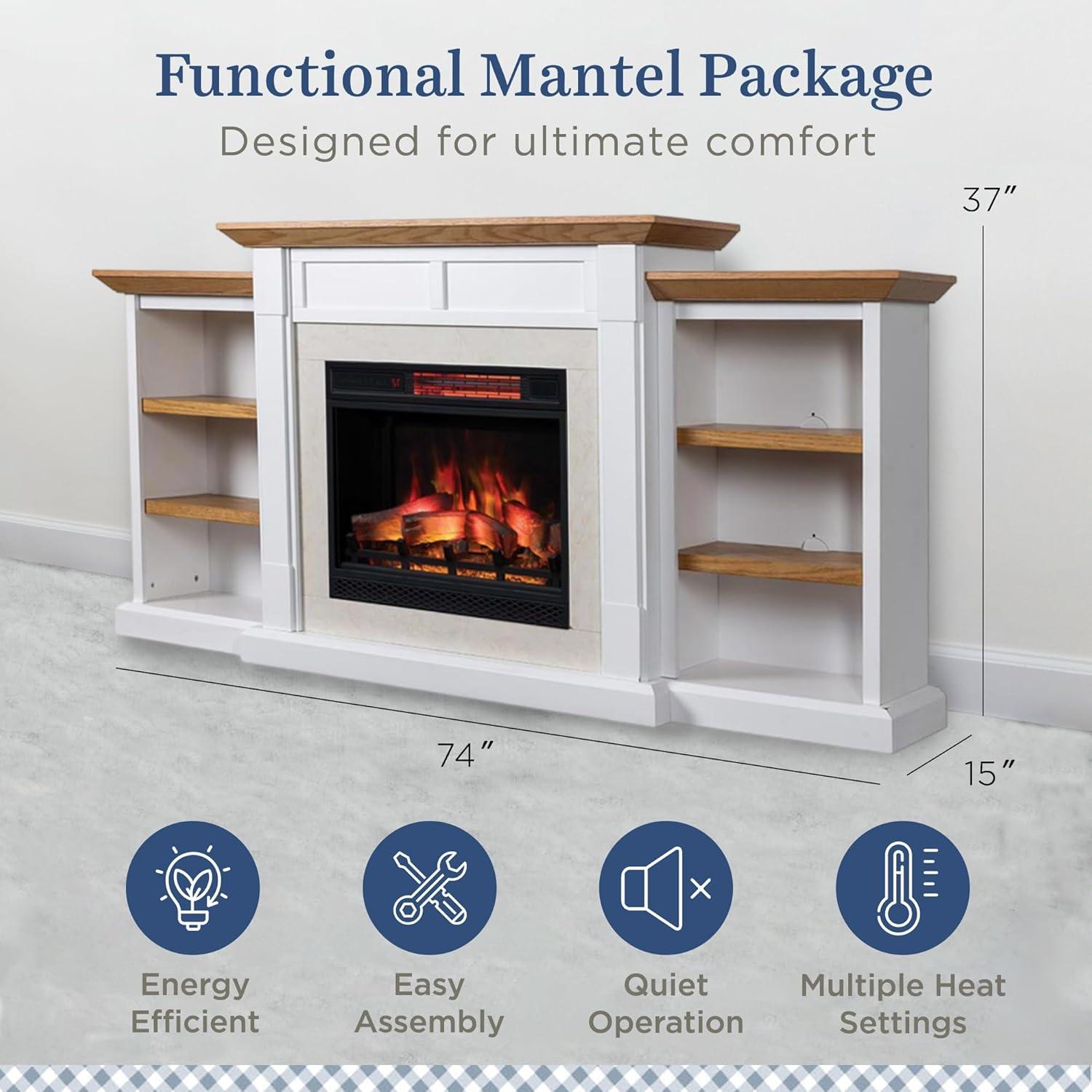 Country Living Belhaven 74 Inch Bookcase Mantel Package | 23 Inch Smart Electric Fireplace Insert Heater