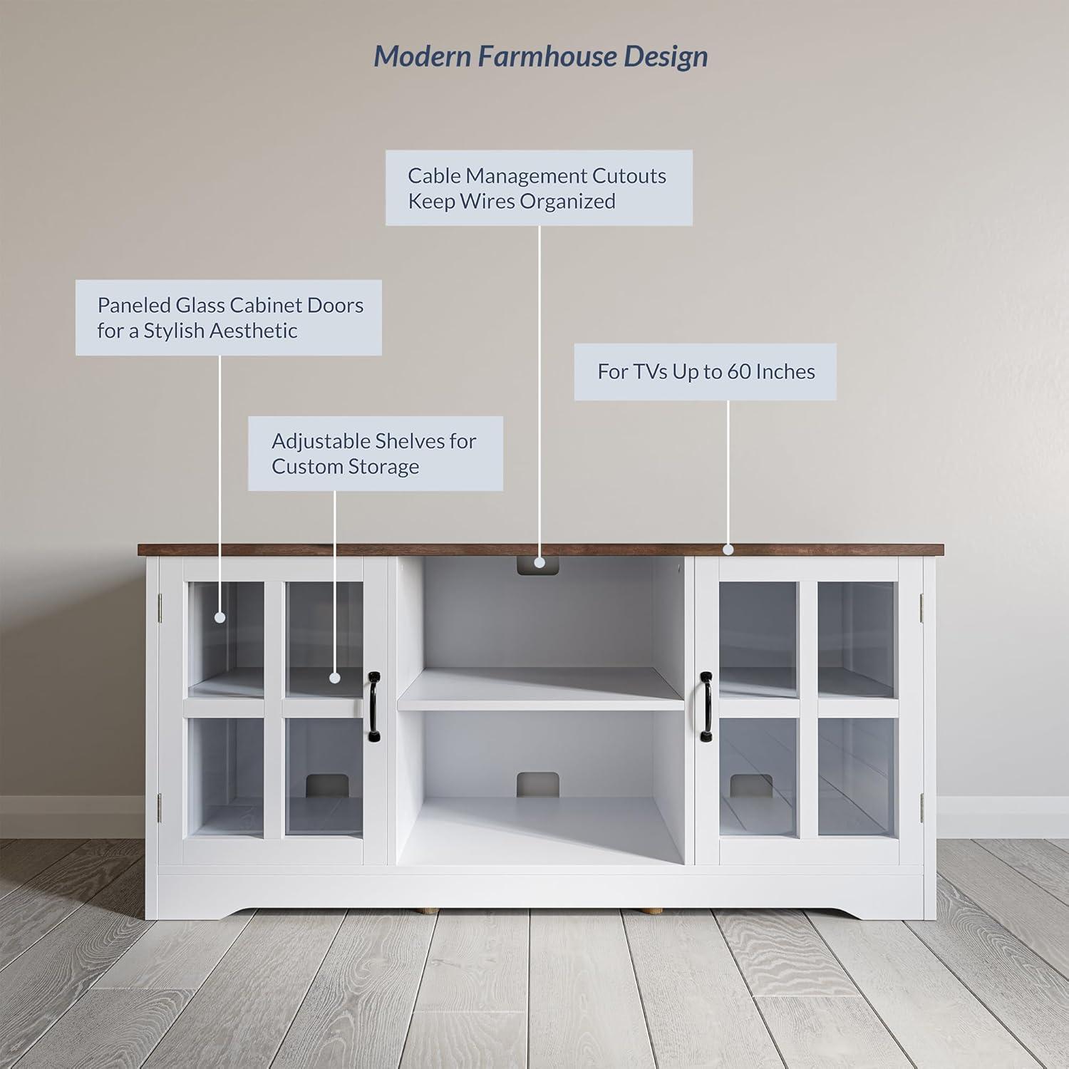 BELLEZE Modern 52 Inch Traditional TV Stand & Media Entertainment Center Console Table for TVs up to 55 Inch or Sideboard Buffet with Wood Glass Storage Cabinets - Cori (White)