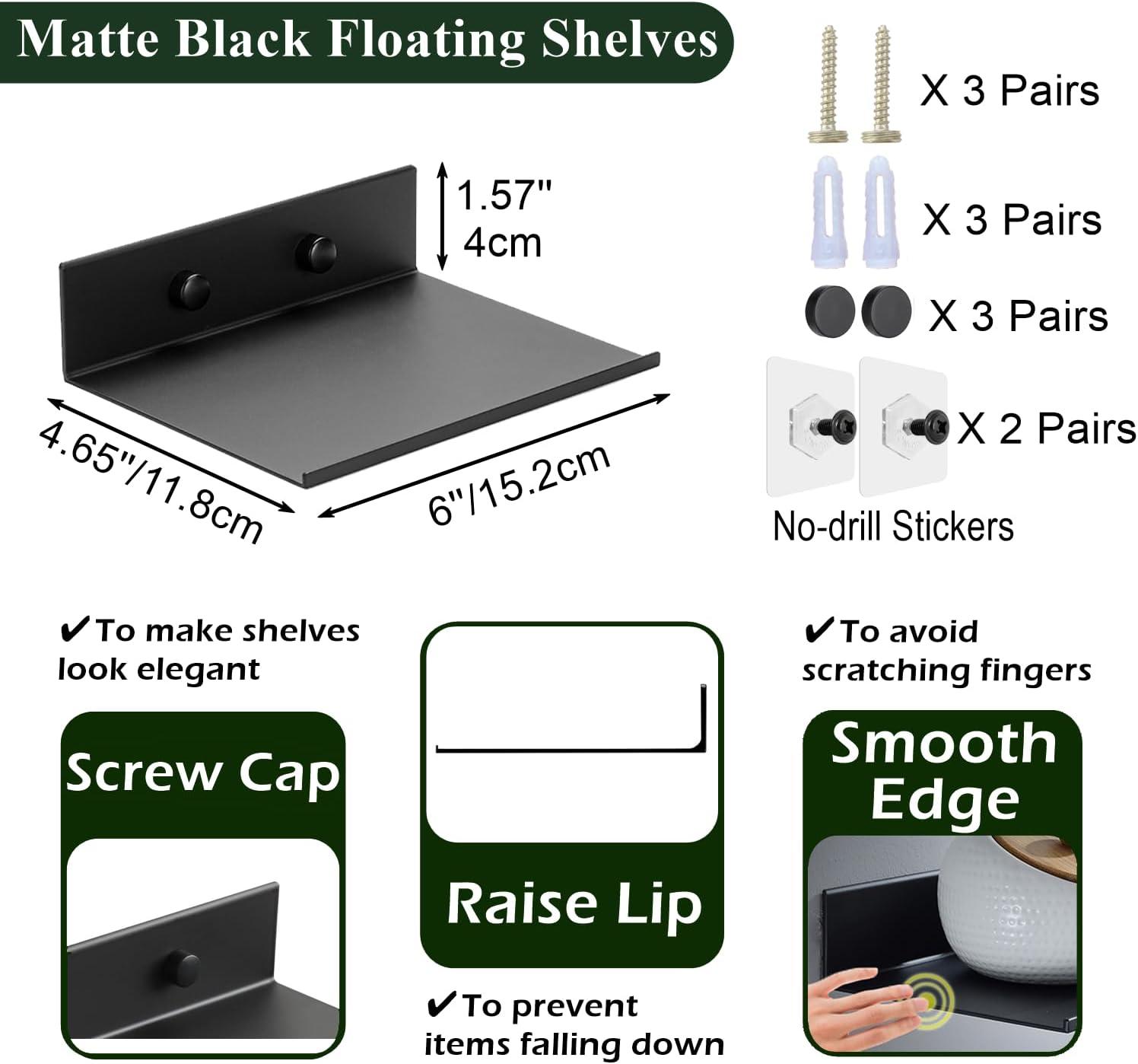 Z metnal Small Floating Shelves, Mini Metal Shelf for Collection Action Figures, Decor Display Wall Shelf, Aluminum, Wall Mounted, Matt Black, 6 inch, 2 Pack