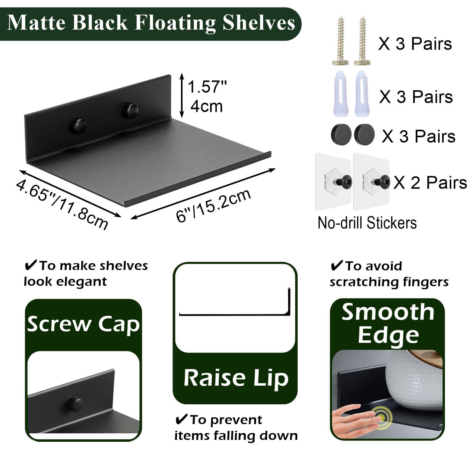 Z metnal Small Floating Shelves, Mini Metal Shelf for Collection Action Figures, Decor Display Wall Shelf, Aluminum, Wall Mounted, Matt Black, 6 inch, 2 Pack