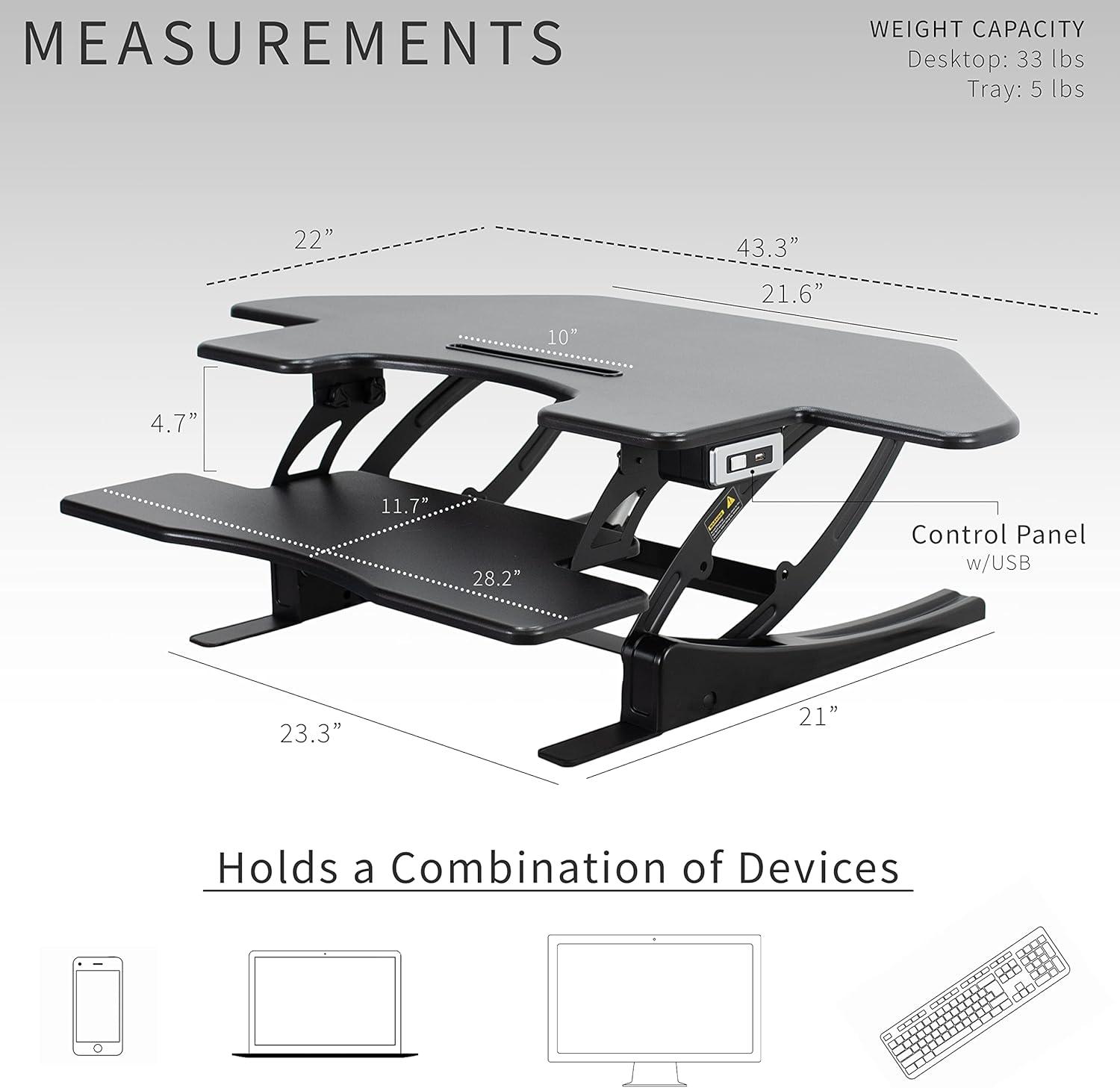 VIVO 43" Black Electric Adjustable Corner Desk Riser with USB