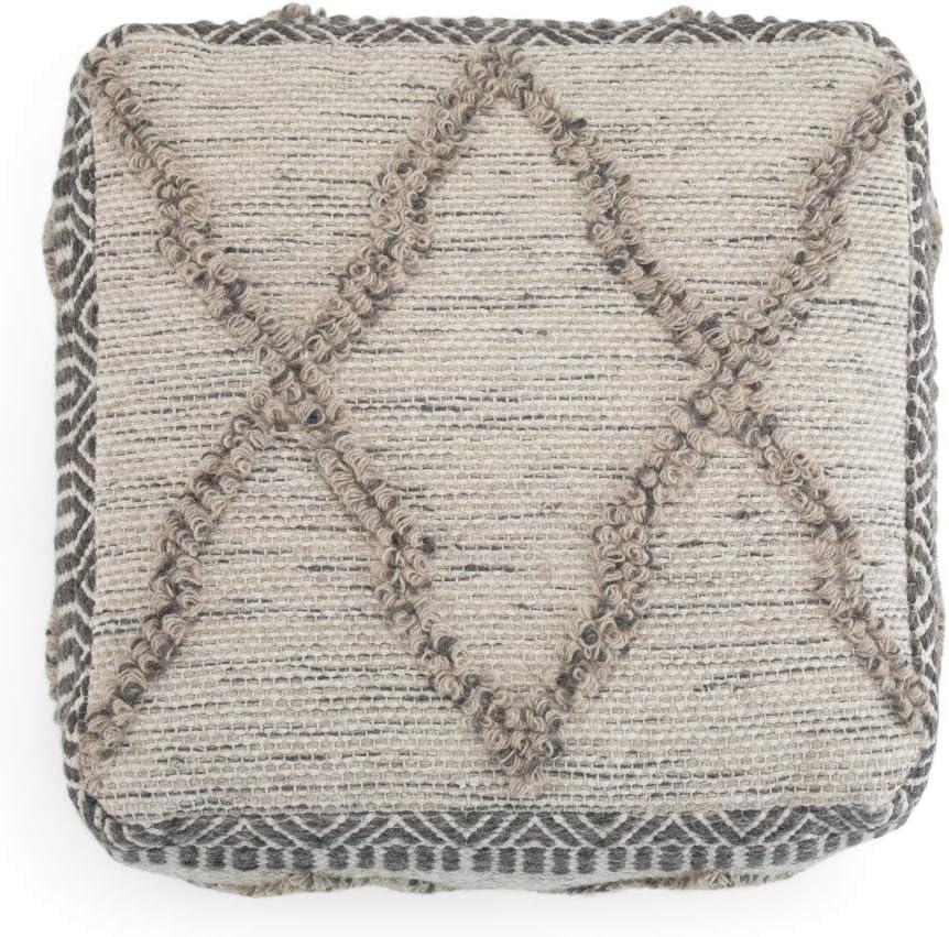 Sweeney Boho Handloom Woven Wool-Cotton Square Pouf in Grey Natural