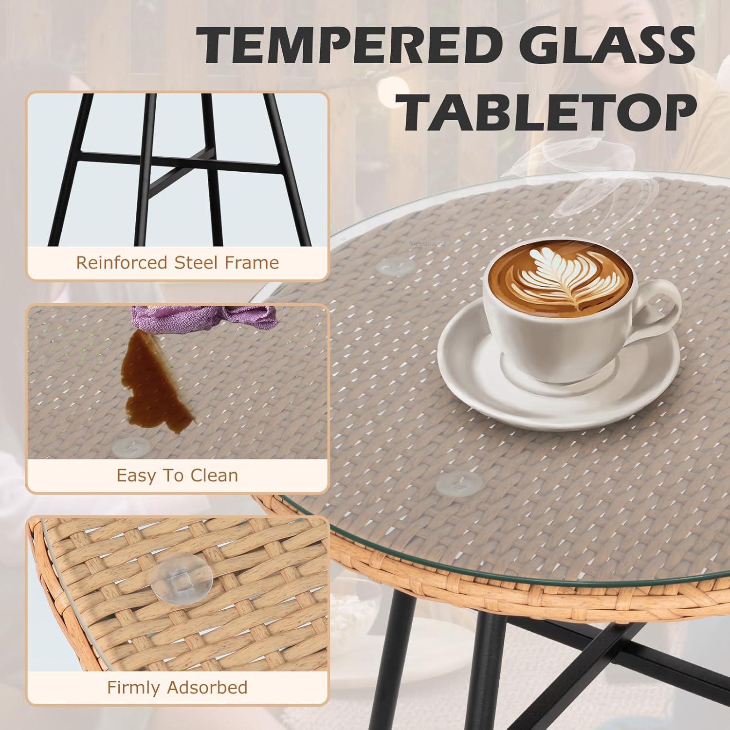 Black Steel and Wicker 3-Piece Patio Bistro Set with Beige Cushions