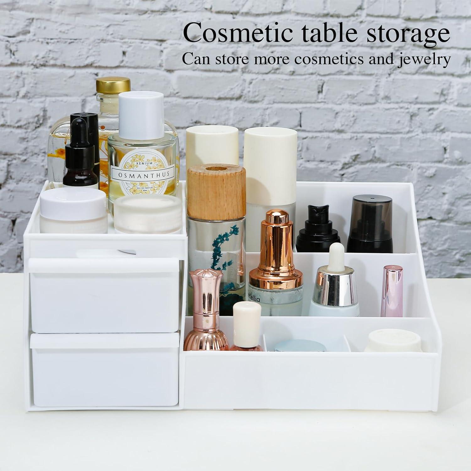 skin care organizer,Makeup Desk Organizer With Drawers,Countertop Organizer for Cosmetics,Vanity brush with Holder for Lipstick, Brushes, Eyeshadow, and Jewelry Desktop Finishing Dresser (White)
