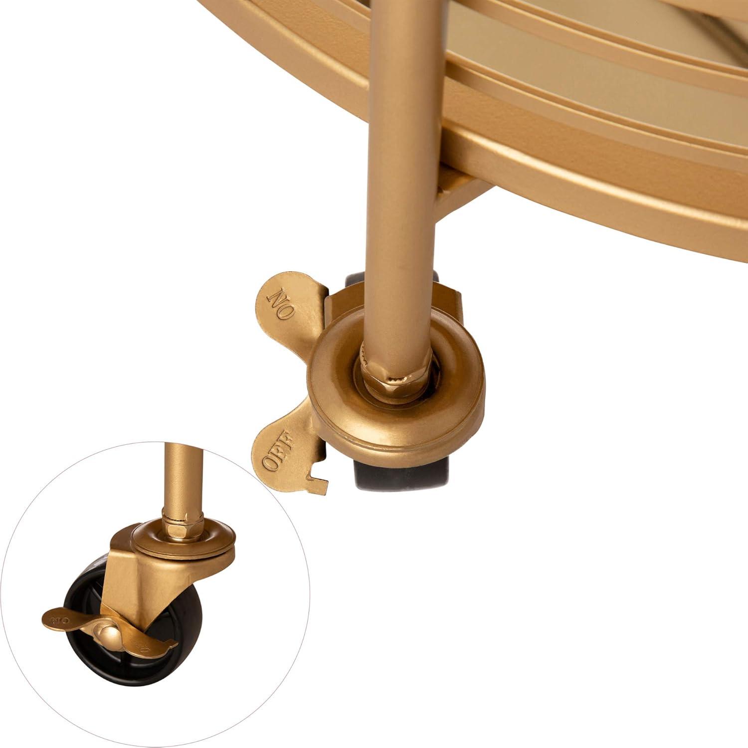 Glitzhome 29.5" H Round Gold Bar Cart with 4 Wheels 2-Tier Deluxe Tray Metal Mirrored Glass Top Rolling Serving Cart for Kitchen Living Room Hotel Wine/Tea Serving Cart