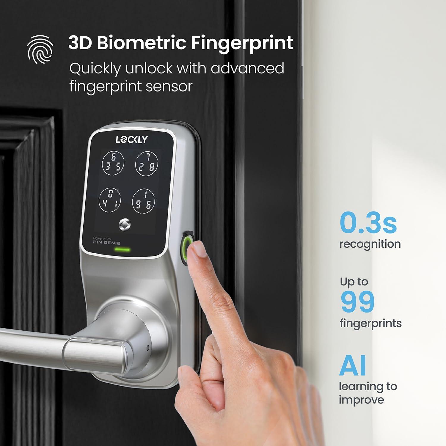 Lockly Secure Plus Bluetooth Smart Door Lock, Keyless Entry with PIN Genie® Digital Keypad, 3D Biometric Fingerprint Sensor Front Door Lock with Handle, Voice Control & Auto Lock - Latch Edition