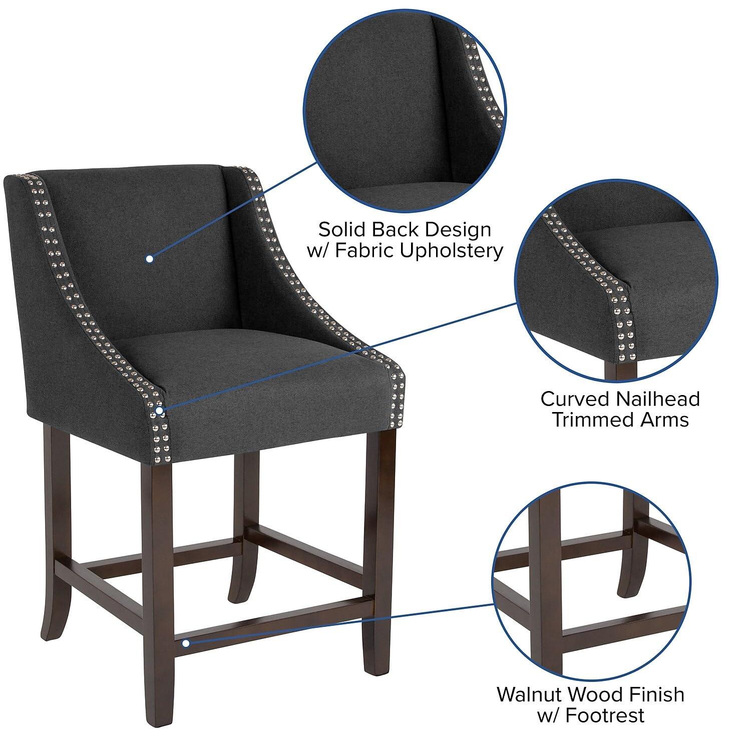 Flash Furniture Carmel Series 24" High Transitional Walnut Counter Height Stool with Nail Trim in Charcoal Fabric, Set of 2
