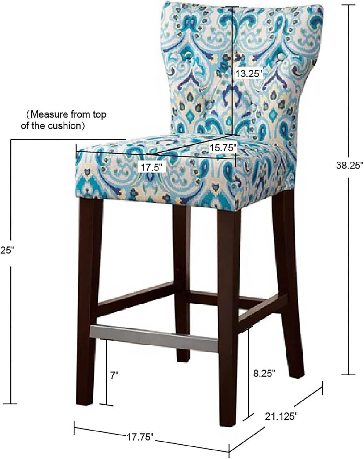 25" Saffron Tufted Back Counter Height Barstool Blue/Yellow: Espresso Wood Legs, Padded Seat