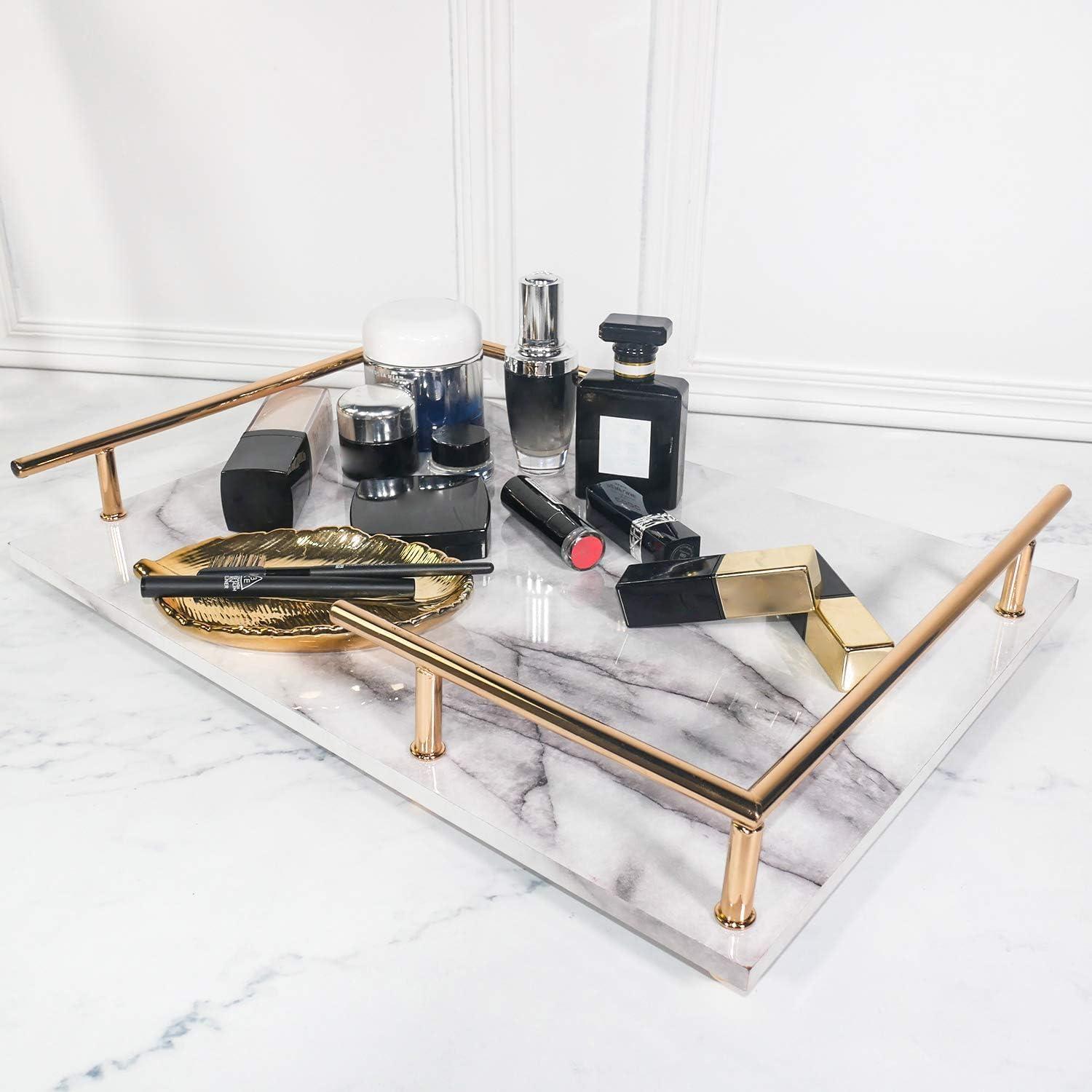 Gray and White Marble Print Vanity Tray with Gold Handles