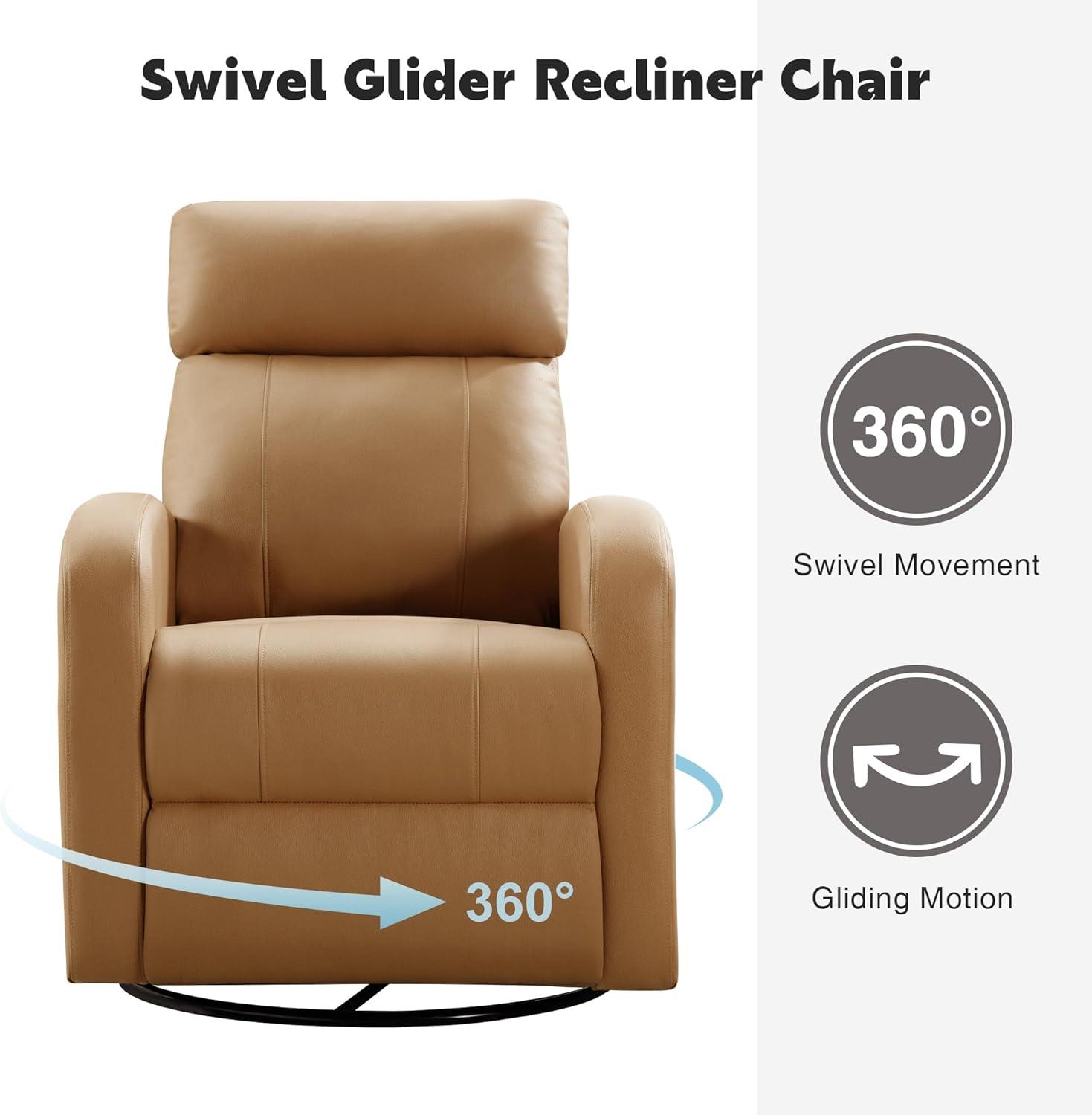 Swivel Rocker Recliner Chair, Manual Leather Recliner, Glider Rocking Recliner Chair 360°Swivel Nursery Reclining Chair with Adjustable Headrest/Highback for Living Room, Brown