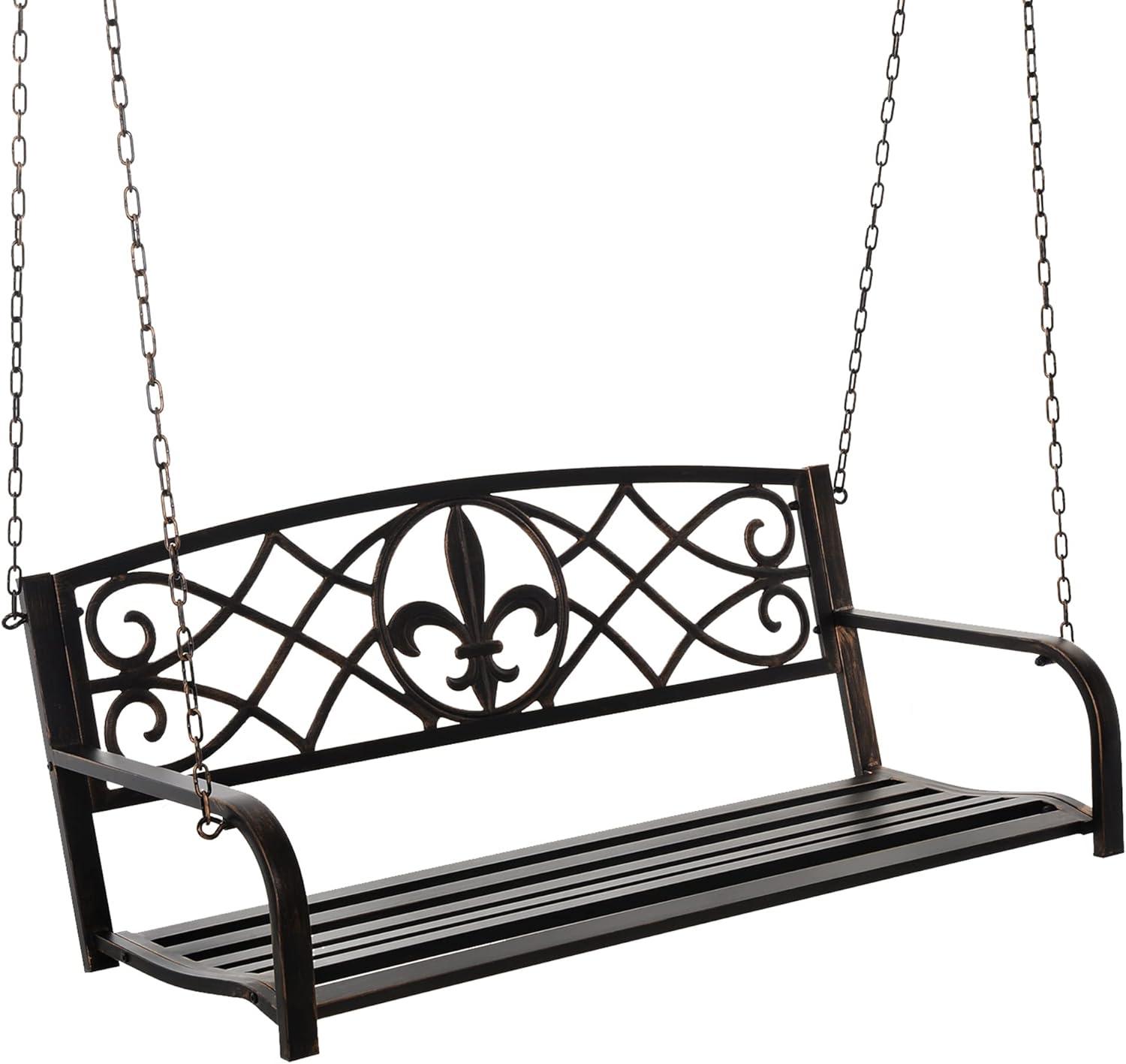 Outsunny 2-Person Porch Swing, Hanging Steel Patio Swing, Outdoor Swing Bench with Fleur-de-Lis Design for Garden Deck, 528 LBS Weight Capacity, Bronze