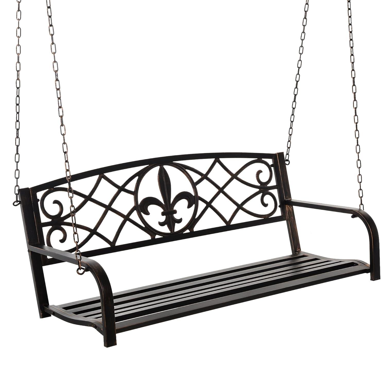 Outsunny 2-Person Porch Swing, Hanging Steel Patio Swing, Outdoor Swing Bench with Fleur-de-Lis Design for Garden Deck, 528 LBS Weight Capacity, Bronze