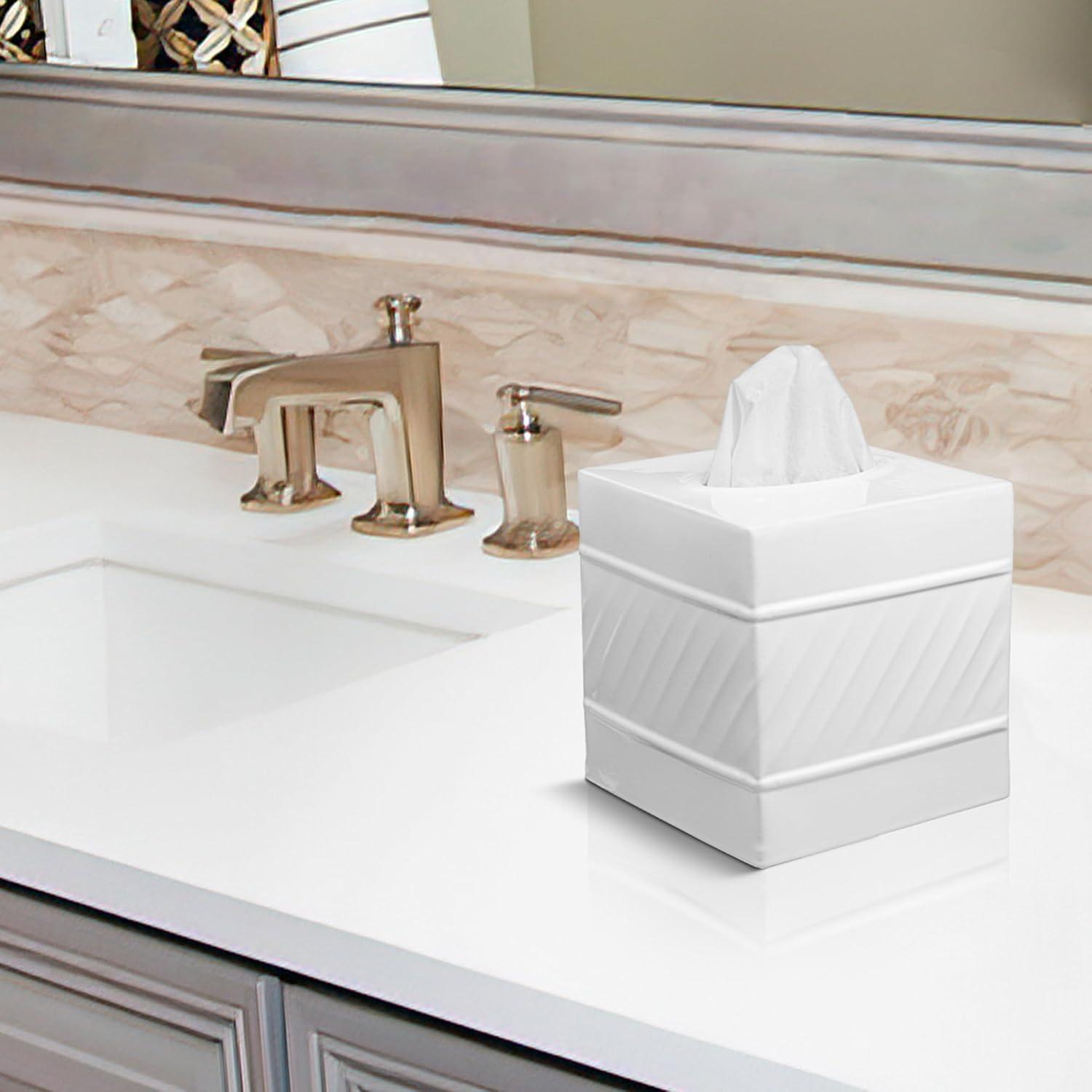 White Wave Embossed Metal Square Tissue Box Cover