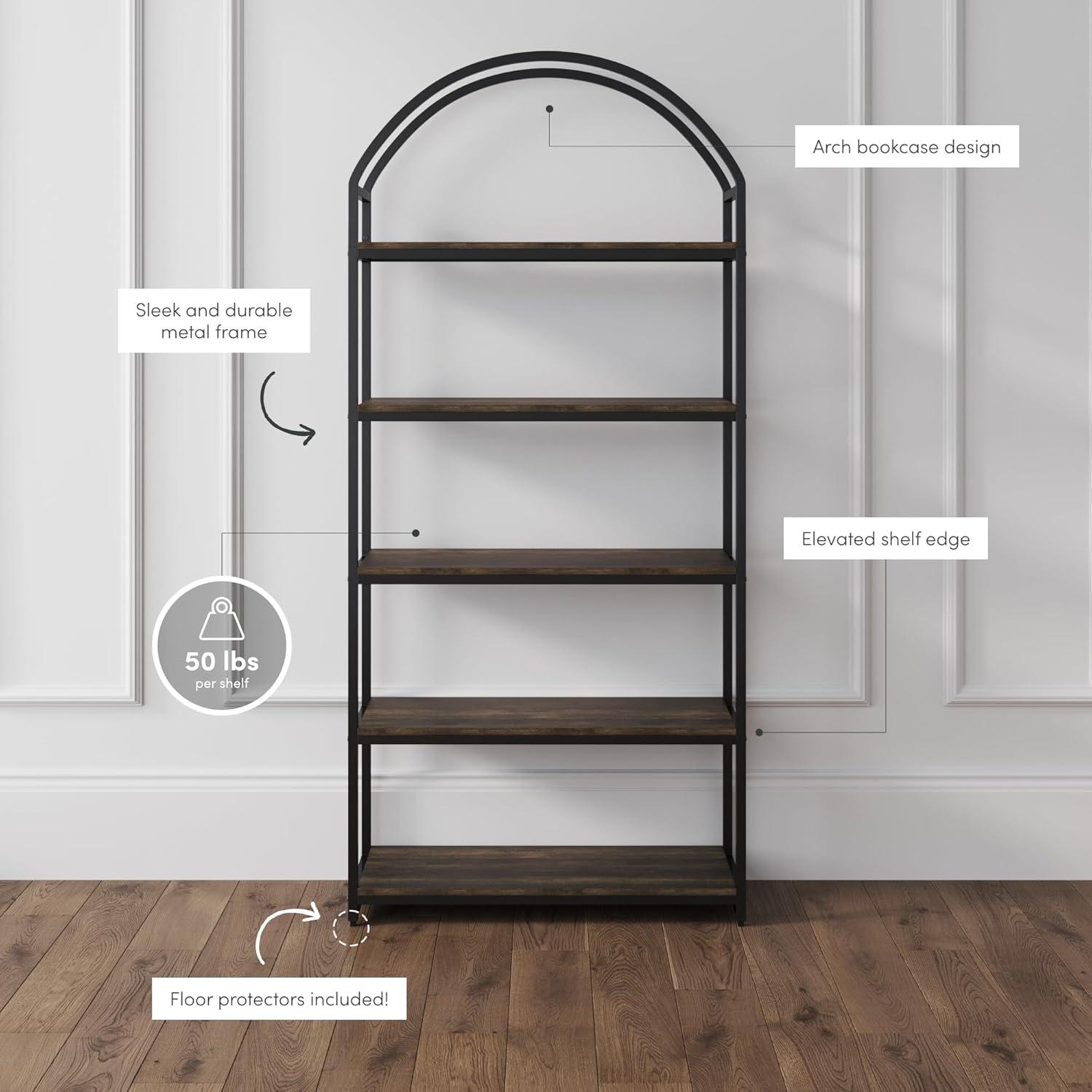 72" Black Matte Wood and Metal 5-Shelf Bookcase