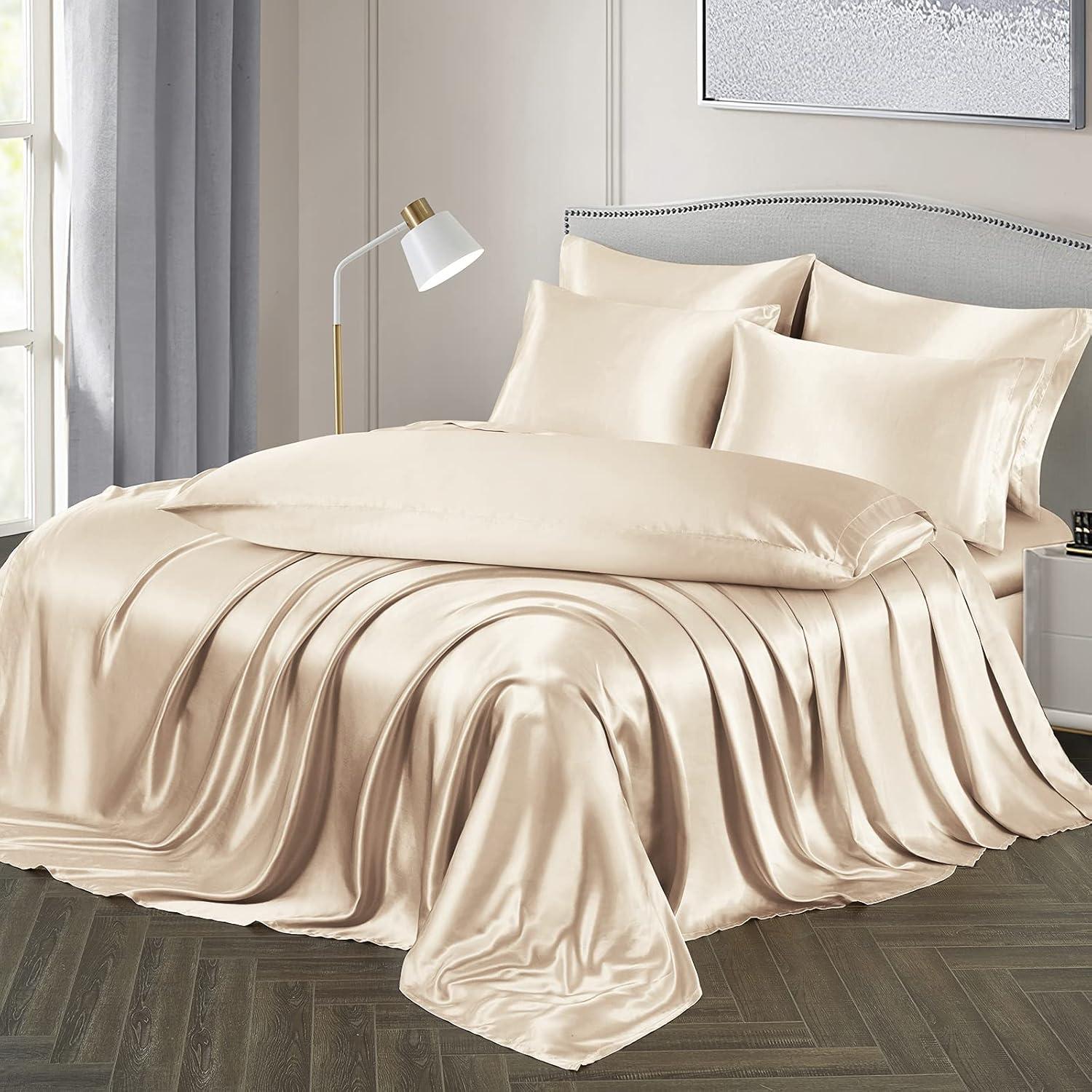 Luxury Beige Satin Queen Deep Pocket 7-Piece Sheet Set