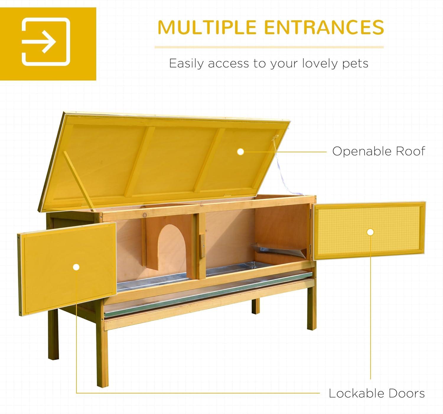 PawHut Wooden Rabbit Hutch Bunny Cage with Openable Waterproof Roof, No Leak Tray Sturdy Fir Wood Build for Indoor/Outdoor