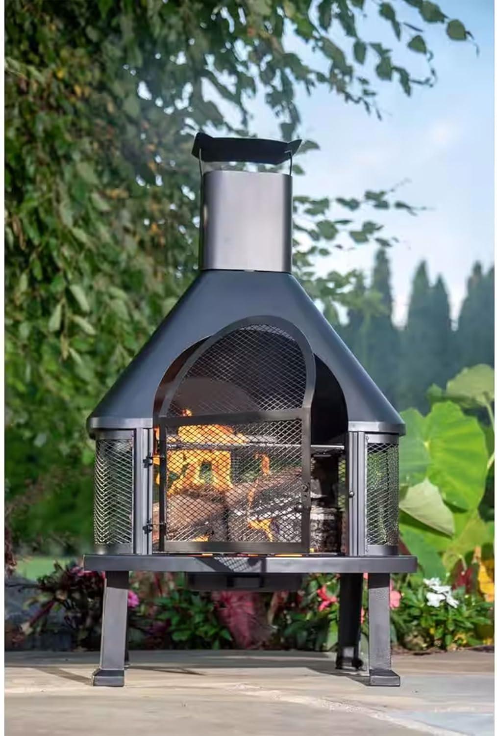 Joy by Endless Summer, Black Wood Burning Outdoor Firehouse with Chimney