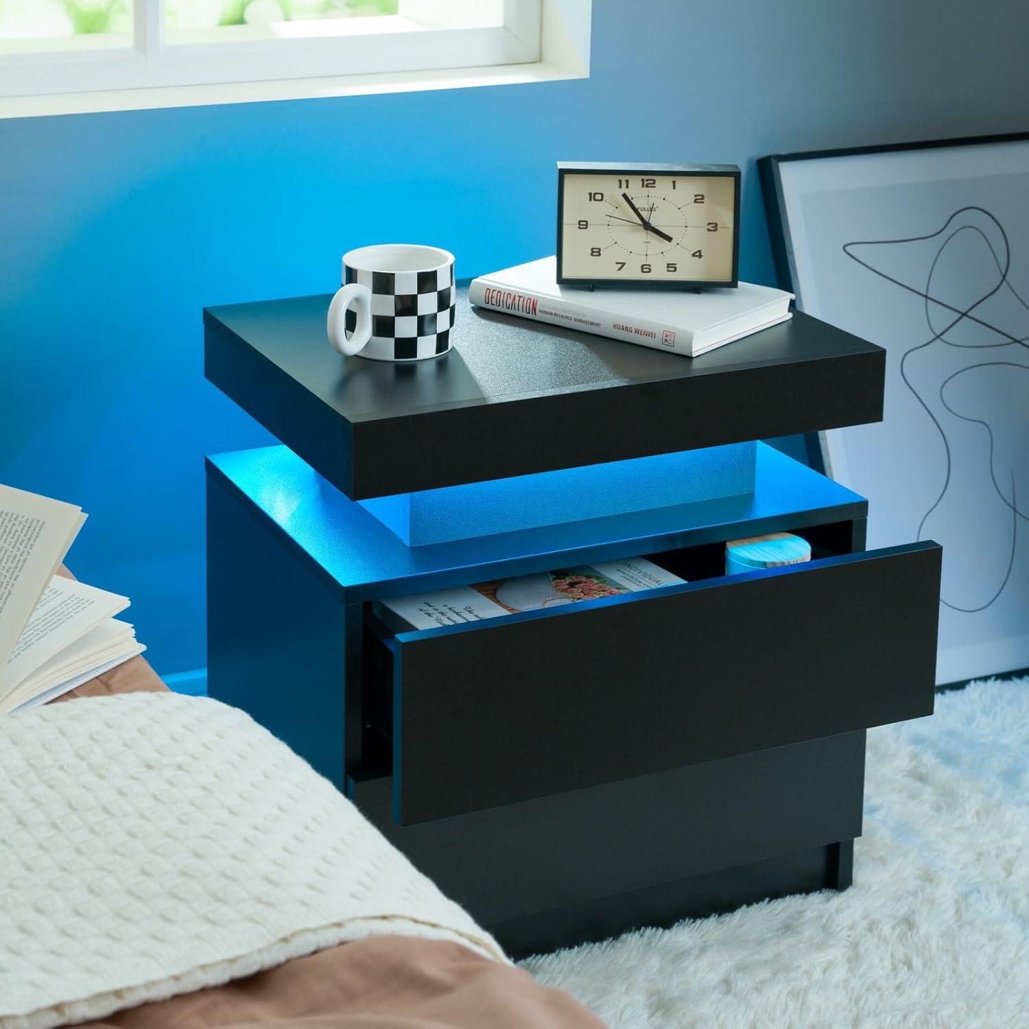 Black Modern LED Nightstand Set with 2 Drawers