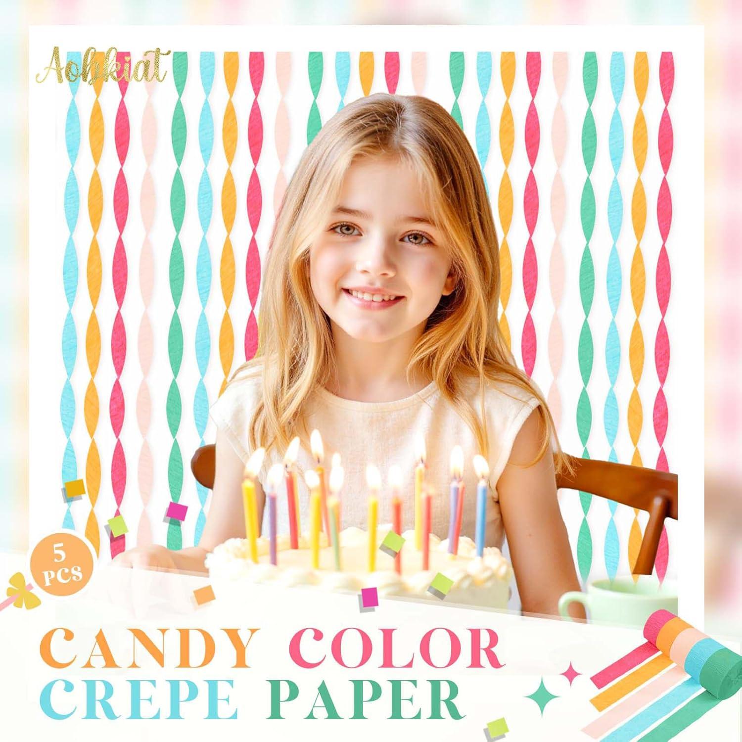 AOBKIAT 5 Rolls Rainbow Party Streamers Crepe Paper,Candyland Party Decorations for Christmas,Birthday,Wedding,Bachelorette,Bridal/Baby Shower,Hanging Candyland Backdrop Decoration