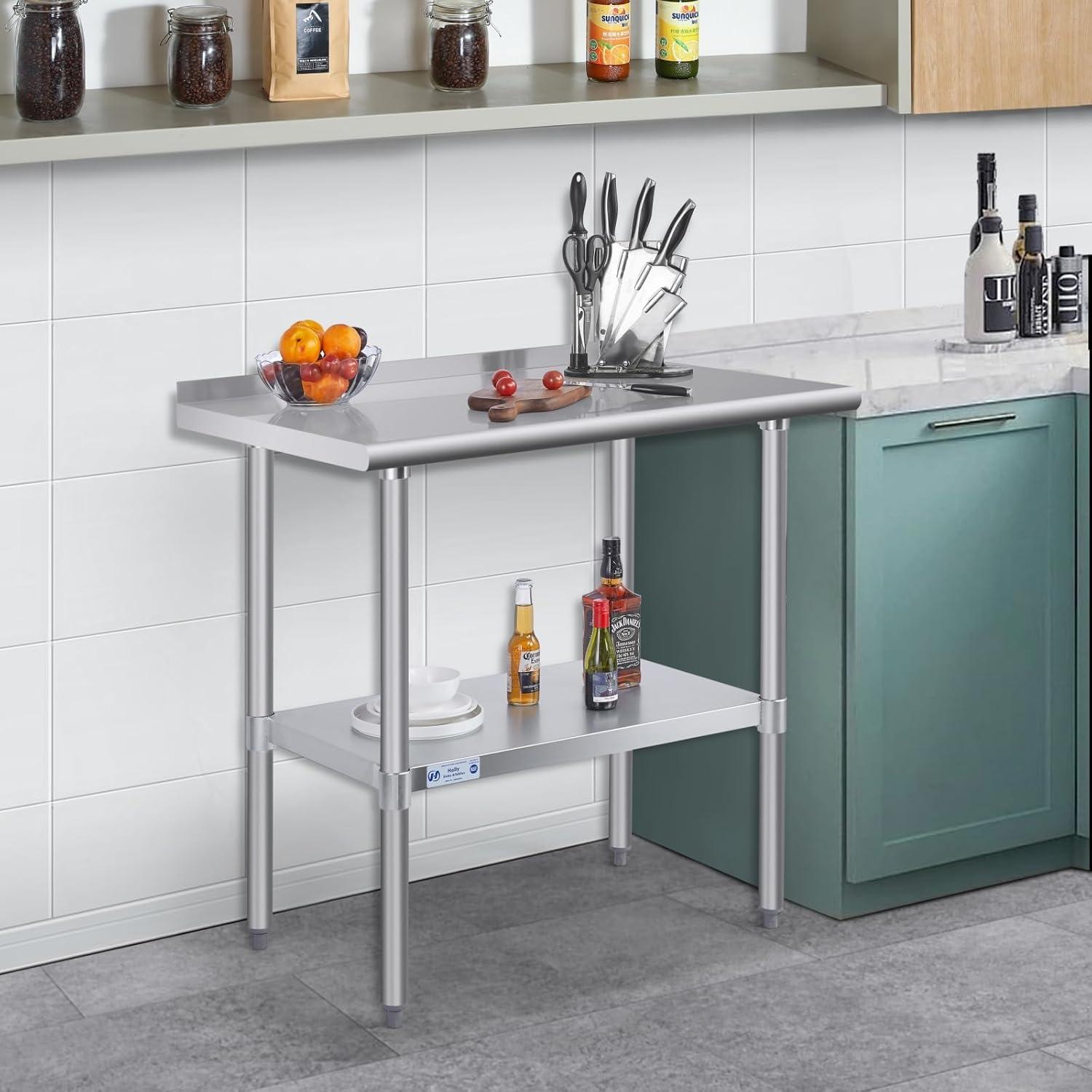 HARDURA Stainless Steel Prep & Work Table 30 x 48 Inches NSF Heavy Duty Commercial with Undershelf and Backsplash, Galvanized Legs for Commercial Food Prep