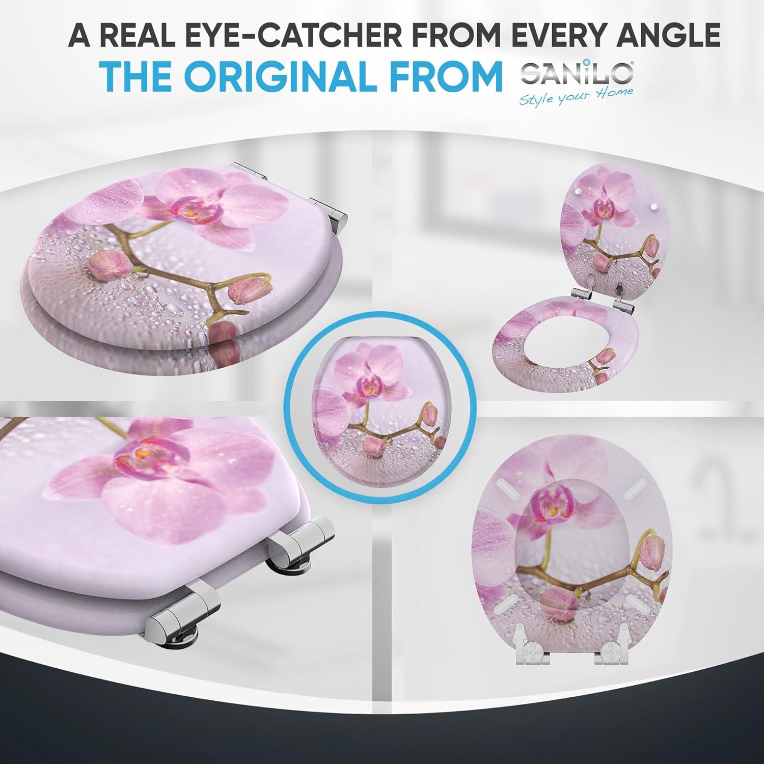 Sanilo Soft Close Toilet Seat ROUND, Quiet and Slow Close Lid and Seat, Strong Bumpers and Hinges, Blooming