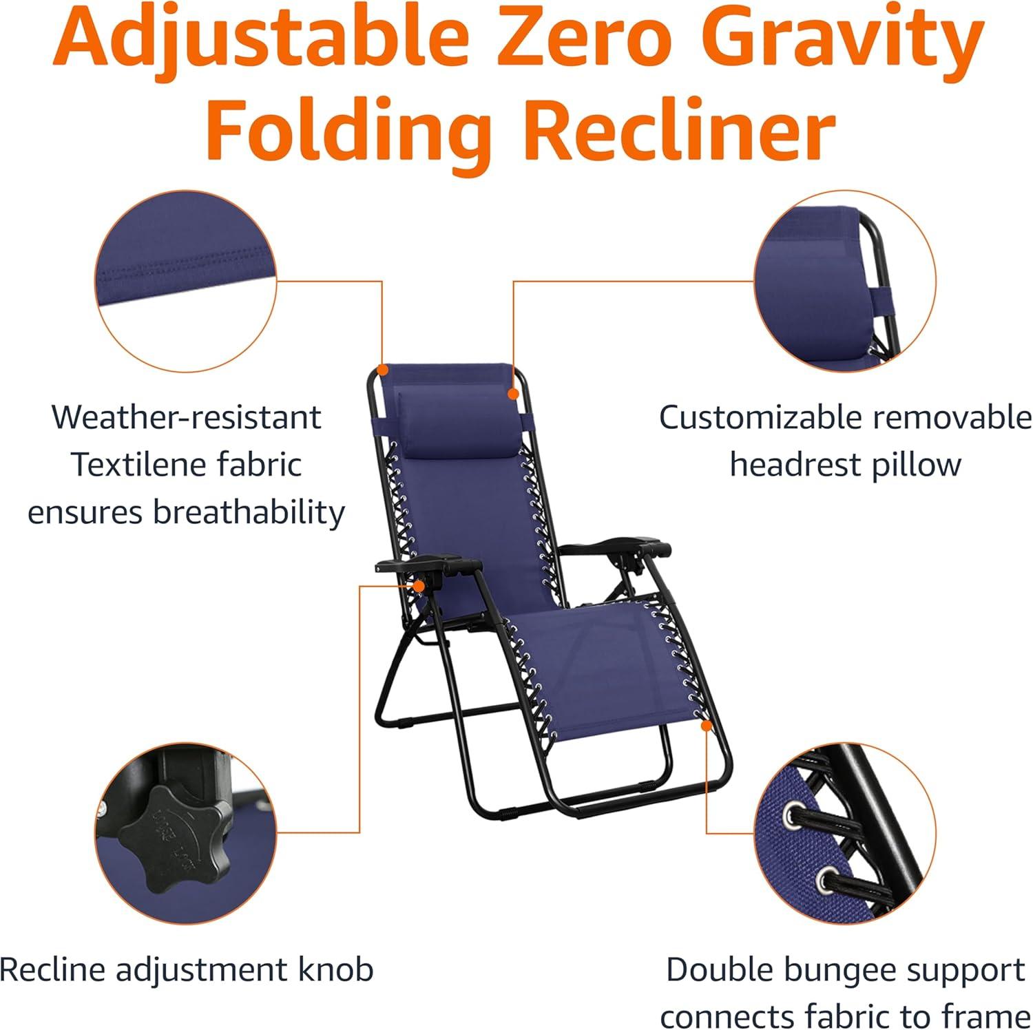 Navy Blue Adjustable Zero Gravity Outdoor Lounger with Cushions