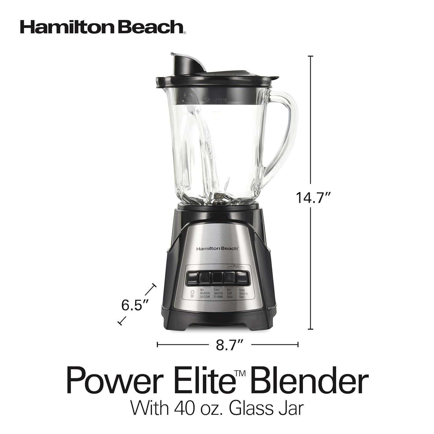 Hamilton Beach Power Elite Multi-Function Blender with Mess Free 40 oz. Glass Jar, 700 Watts, Black, 58148A