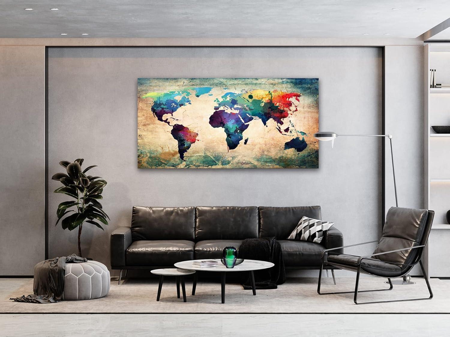 Baisuwallart A62075 Abstract World Map Canvas Painting Vintage Posters and Prints Colorful Wall Art Wall Pictures Artwork Framed Ready to Hang for Living Room Bedroom Office Home Decor 30x60inch