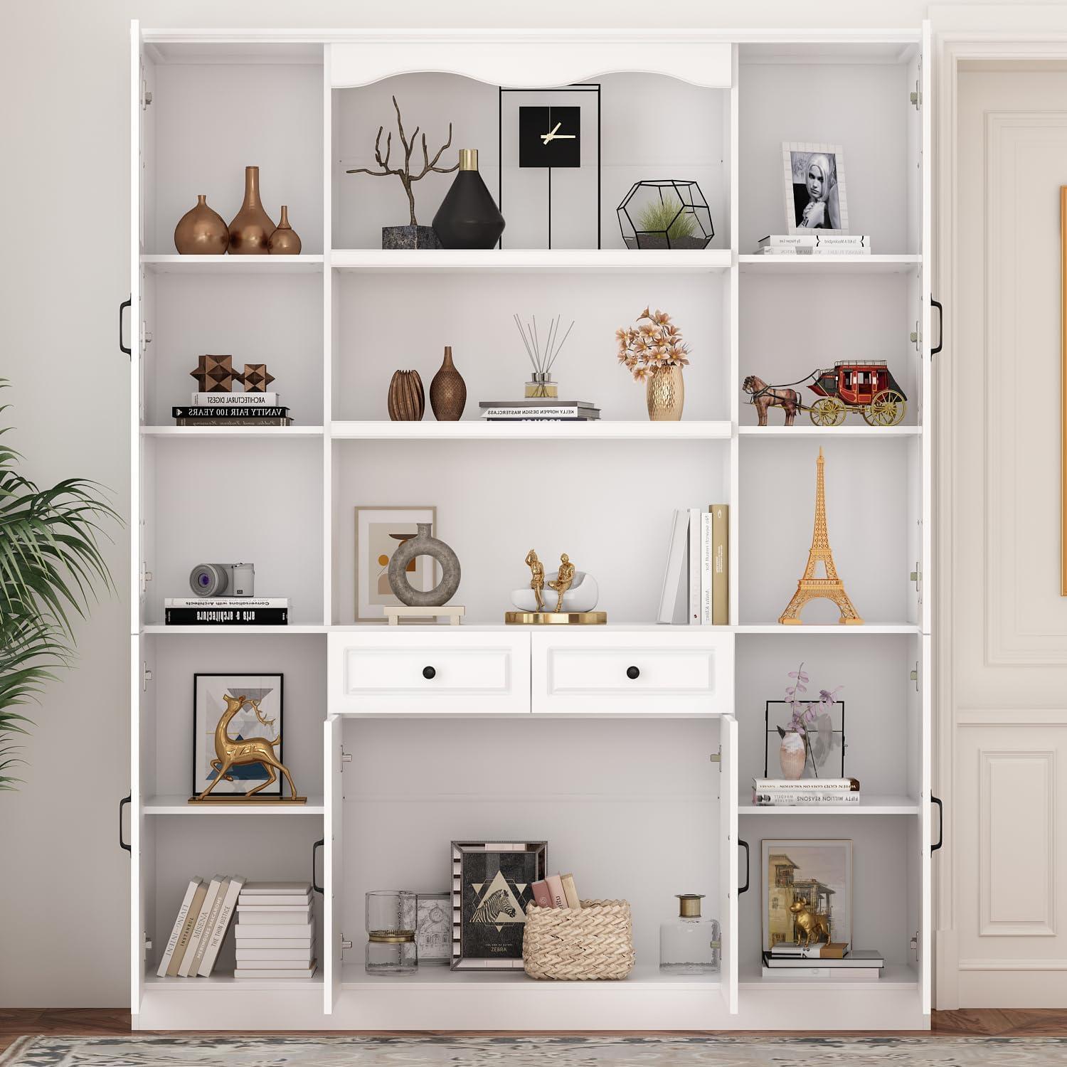 FUFU&GAGA White Tall Wood Bookshelf with Glass Doors Adjustable Shelves