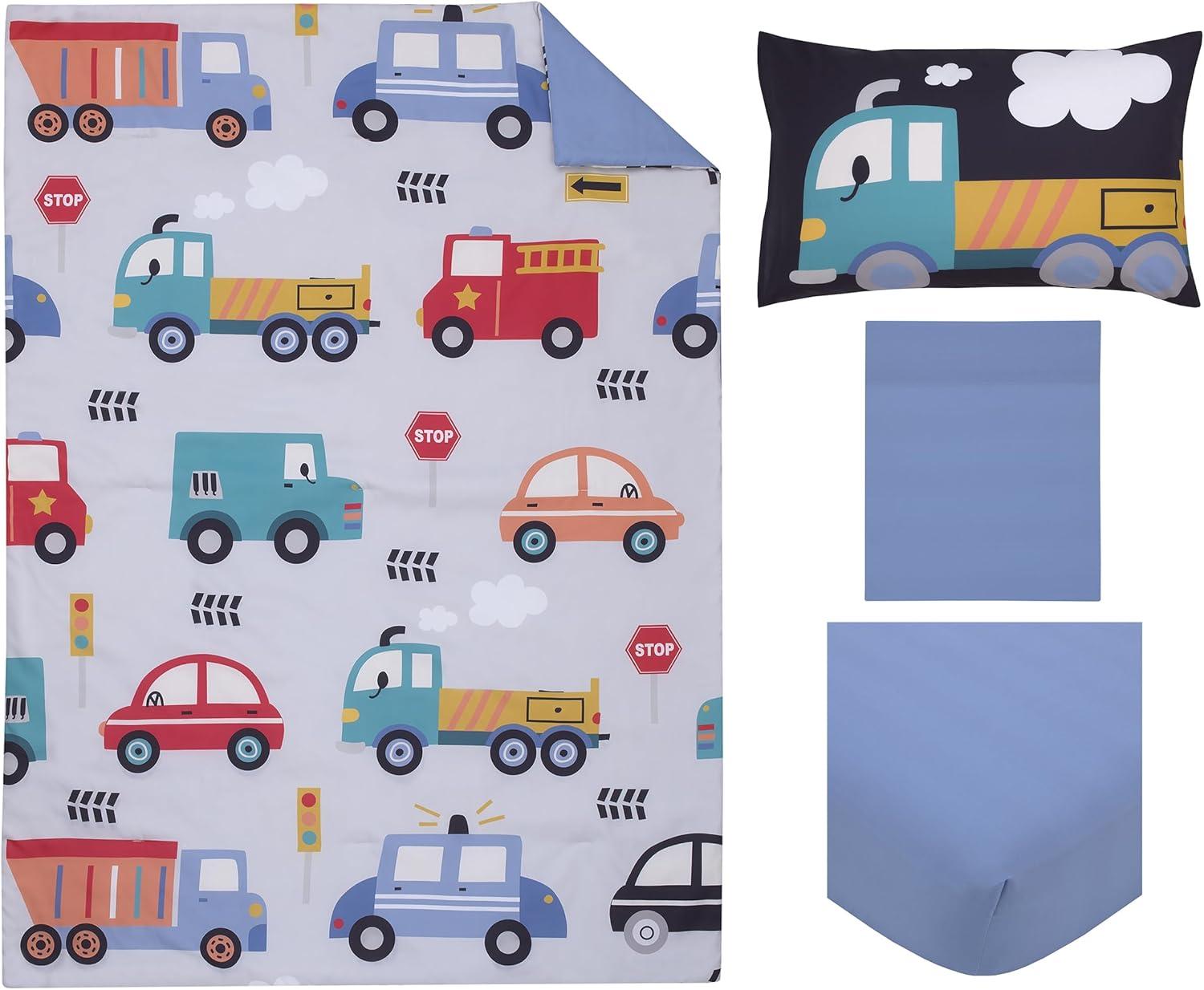 Everything Kids Transportation Gray, Blue, Red, and Yellow 4 Piece Toddler Bed Set