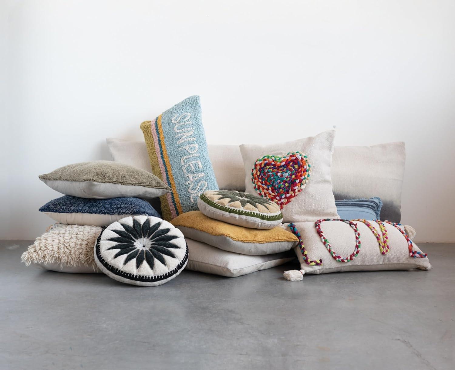 Creative Co-Op Woven Cotton Punch Hook Lumbar Pillow with "Sun Please" Design