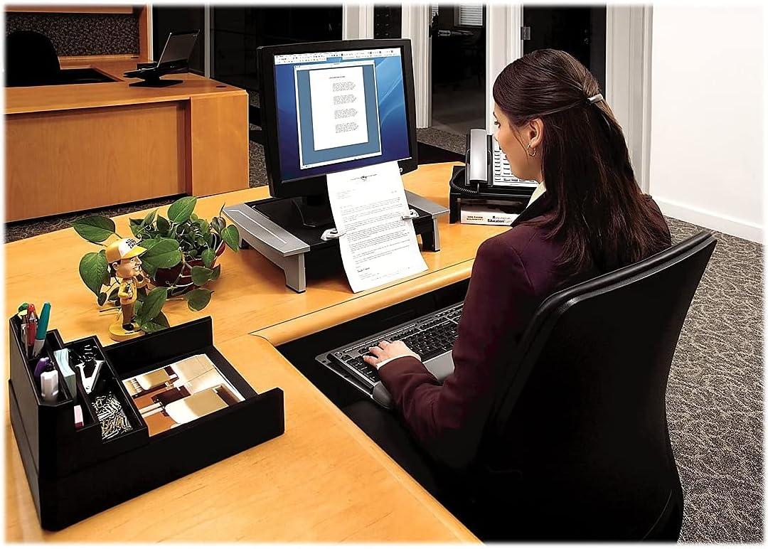 Black and Silver Adjustable Monitor Riser with Document Holder