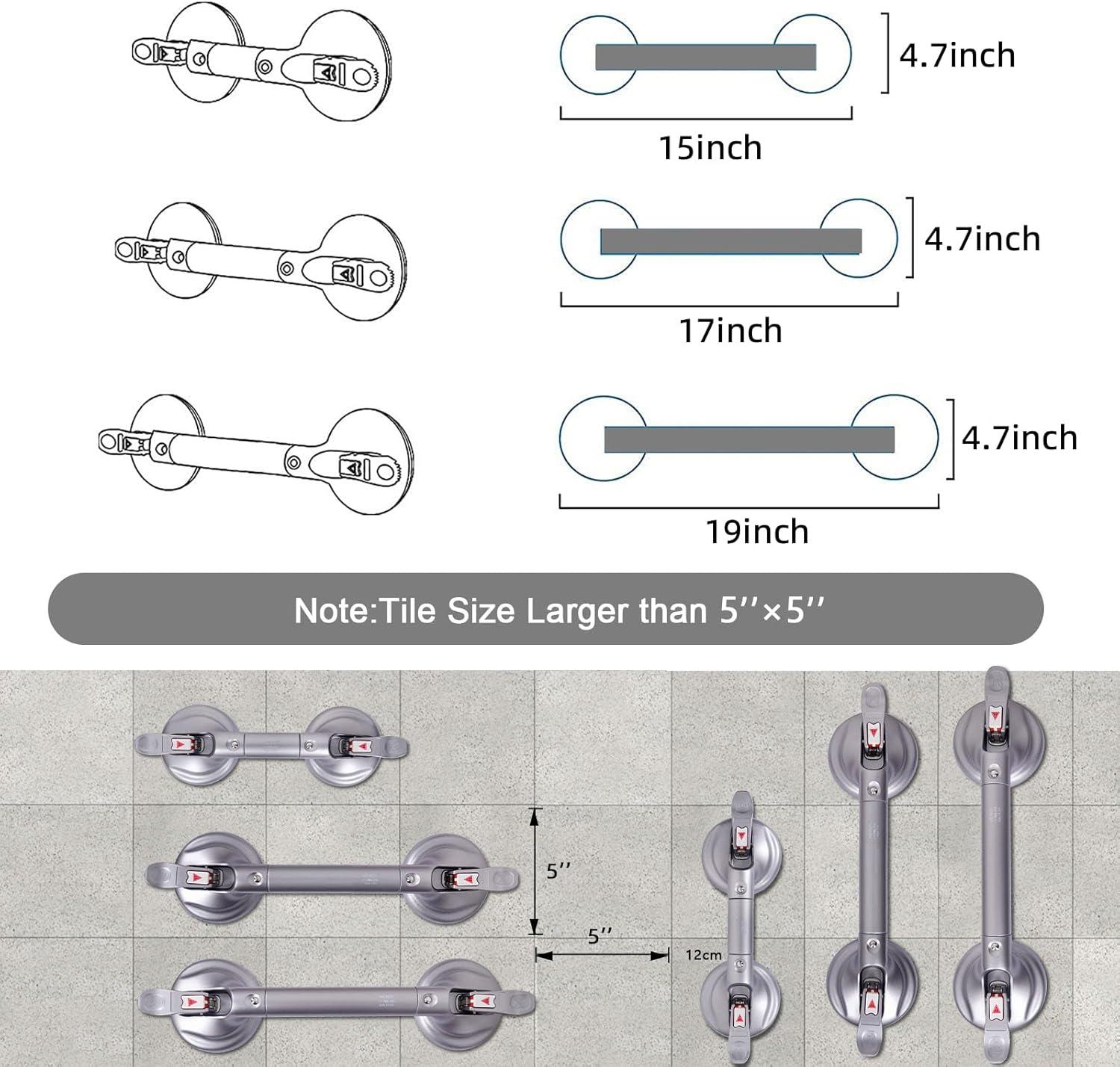 19-Inch Shower Handle - Upgraded Grab Bar with Strong Suction Cups for Bathtub & Shower Safety, Ideal for Seniors, Elderly, Disabled，Silver