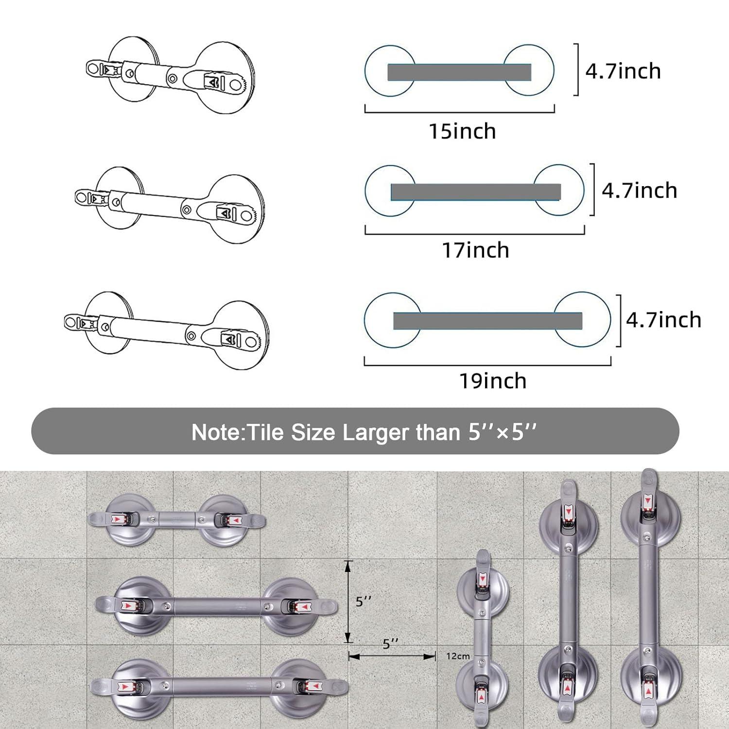 19-Inch Shower Handle - Upgraded Grab Bar with Strong Suction Cups for Bathtub & Shower Safety, Ideal for Seniors, Elderly, Disabled，Silver