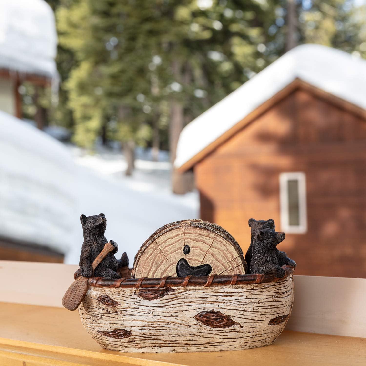 Handcrafted Rustic Bear Canoe Coaster Set with Figurines