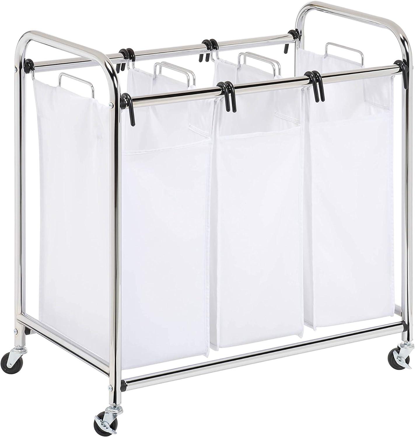 White Triple Laundry Sorter with Chrome Frame and Wheels